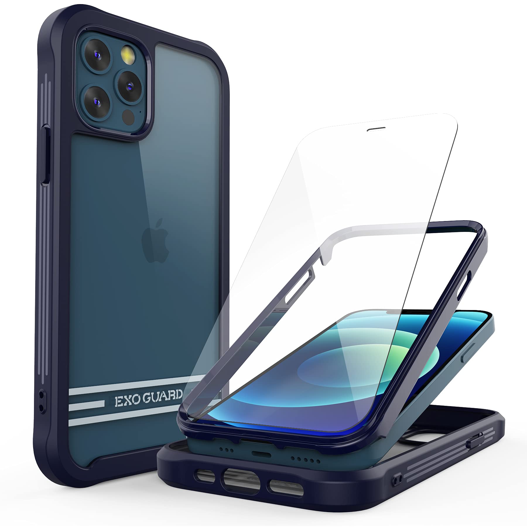 ExoGuard iPhone 12 Case with Tempered Glass Screen Protector | Shockproof Dual Layer Full Body Protection | Clear Back Cover for iPhone 12 & iPhone 12 Pro (Blue) | Perfect for Outdoor Activities, Travel & Daily Use