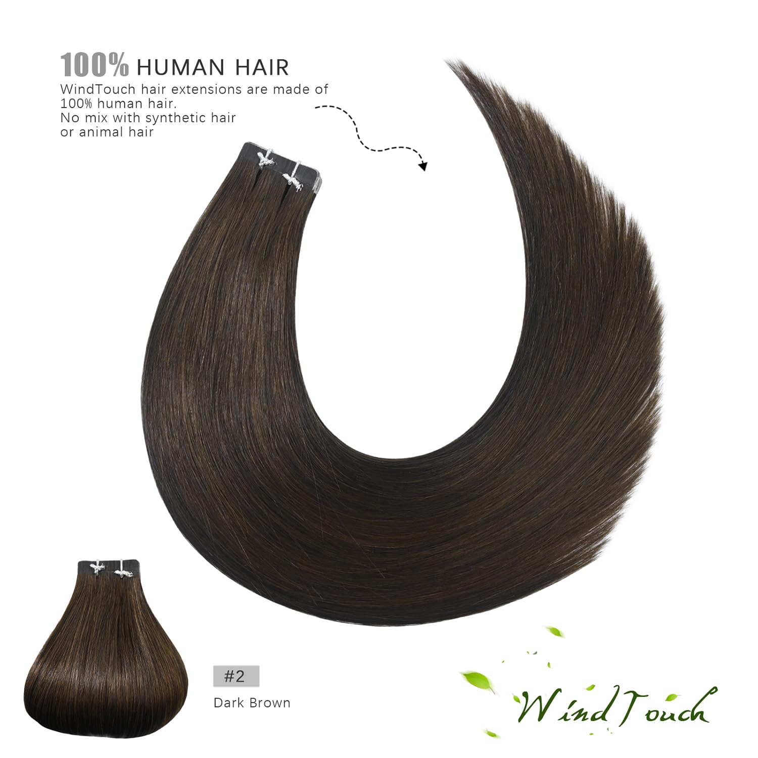 WindTouch Dark Brown Tape in Hair Extensions for Women - 20pcs 14Inch Seamless Skin Weft Real Human Remy Hair (50g) | Brunette Straight Extensions for Thickening & Styling | Perfect for Weddings, Parties & Daily Volume Boost