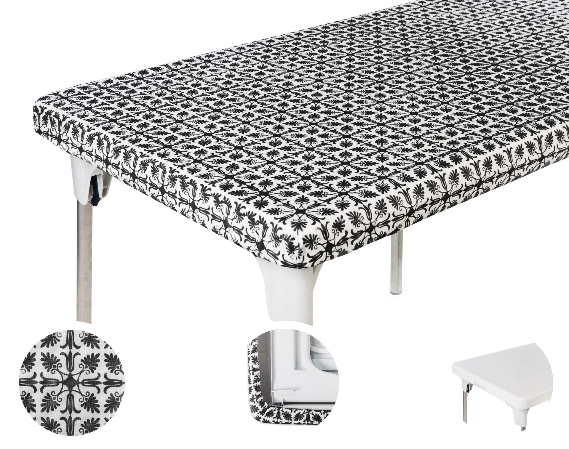 34x34 Inch Black Patterned Vinyl Fitted Tablecloth - Elastic Corner Christmas Square Card Table Cover for Indoor Outdoor Use, Picnic, Birthday Party, Camping, Garden Banquet & Folding Tables
