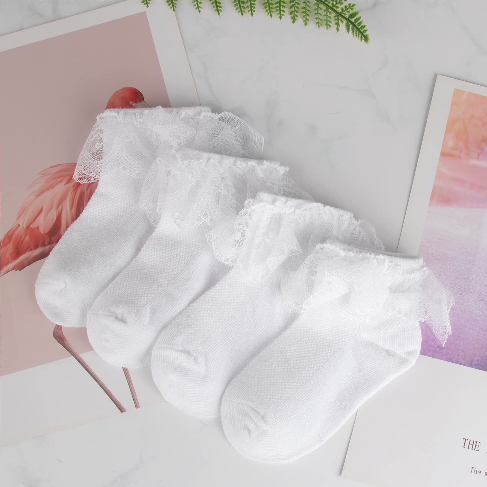 Looching 4 Pairs Toddler Baby Girls Lace Princess Socks - Soft Cotton Ruffled Ankle Socks for Infants - Perfect for Dress-Up, Parties & Everyday Playtime