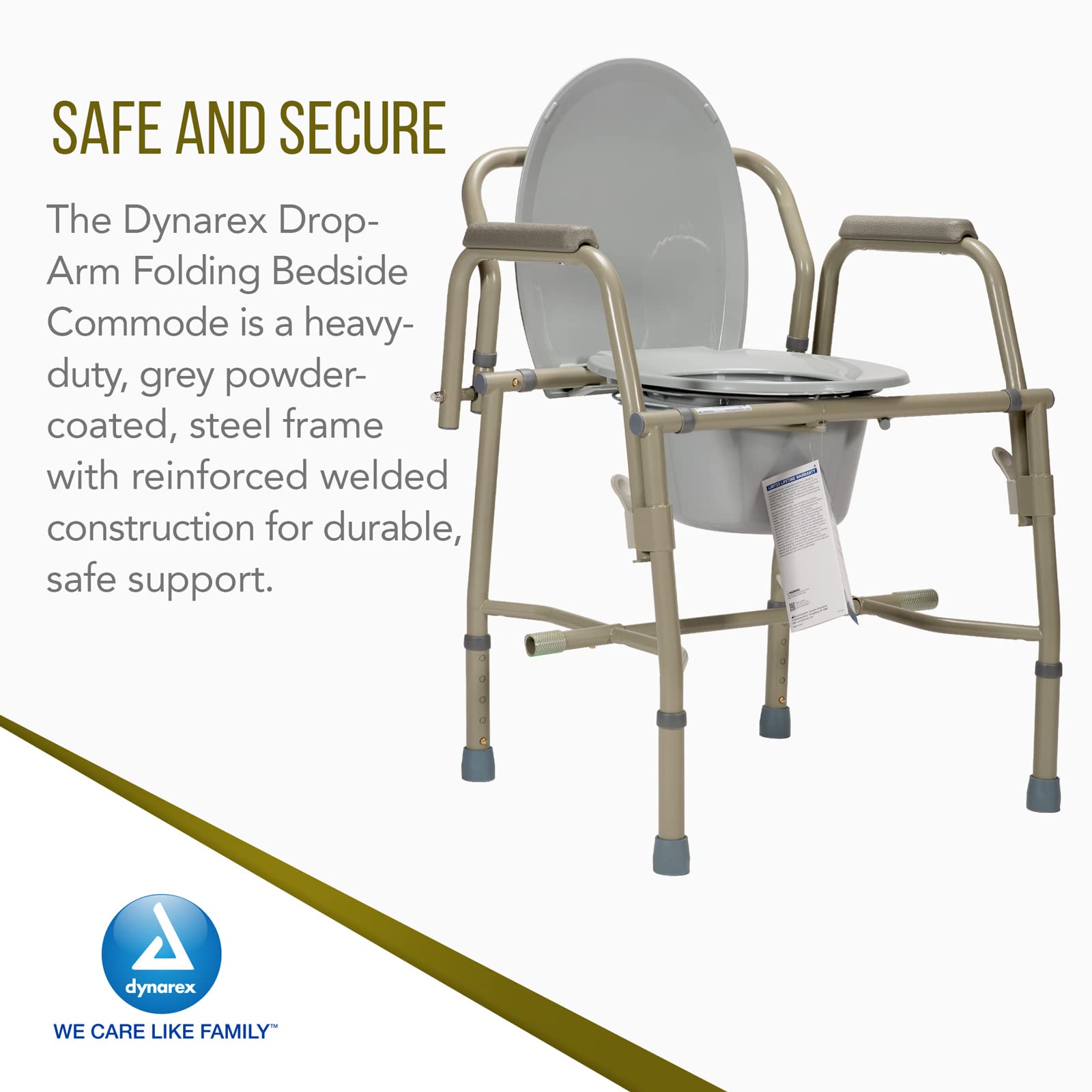 Dynarex Drop-Arm Folding Commode - 3-in-1 Portable Toilet with Safety Drop Arms, Free Standing, Grey | Ideal for Elderly Care, Home Healthcare & Travel Use