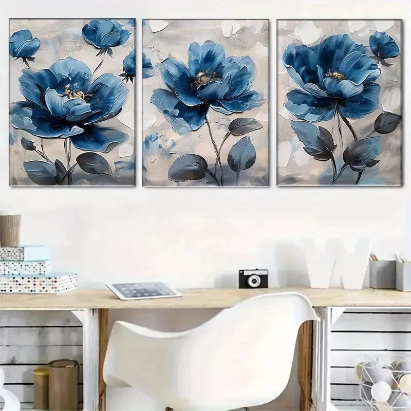3-Piece Abstract Blue Flowers Modern Art Canvas Set - 50x70cm Framed Wall Decor | High-Quality Print, 100% Australian Made | Ready to Hang for Living Room, Bedroom & Office Decor
