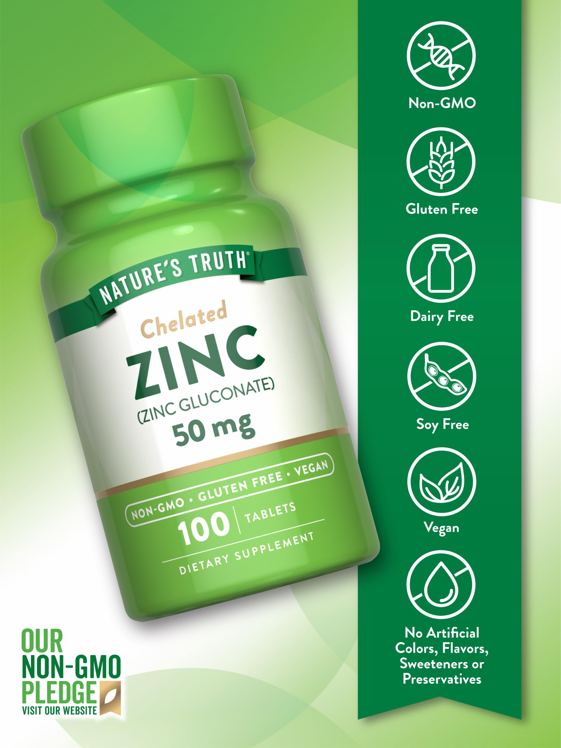 Nature's Truth Chelated Zinc 50mg | 100 Tablets | Essential Mineral Supplement for Immune Support & Wellness | Vegan, Non-GMO & Gluten Free | Zinc Gluconate Formula | Perfect for Daily Health Routine & Cold Season Protection