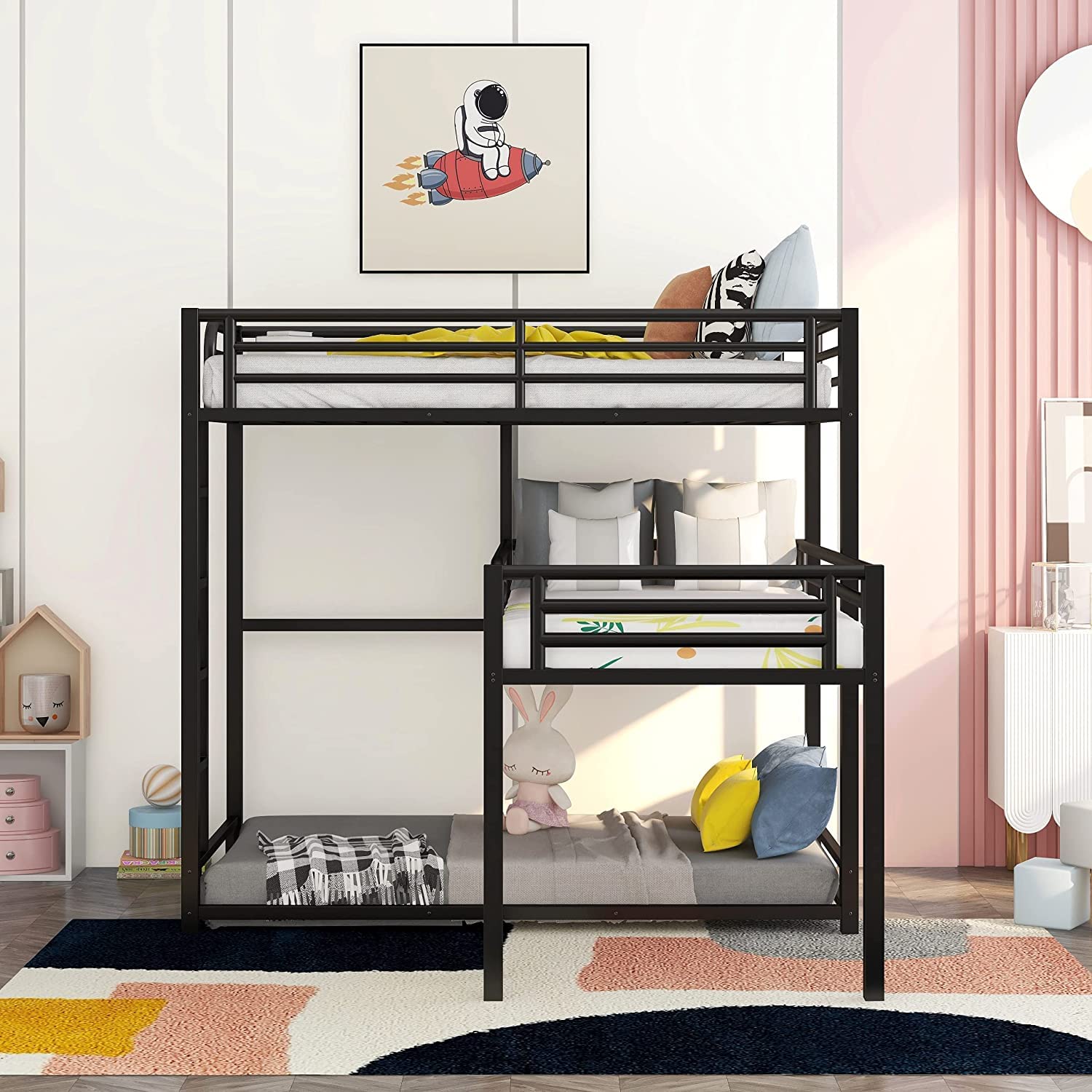 MERITLINE Metal Triple Bunk Bed for Kids & Teens - L-Shaped Twin Over Twin Bunk Bed Frame with Guardrails & Ladder - 3-in-1 Space Saving Bunk Bed for Small Rooms, Dorms, or Shared Kids' Bedrooms - Sturdy Black Metal Bunk Bed for Adults & Children