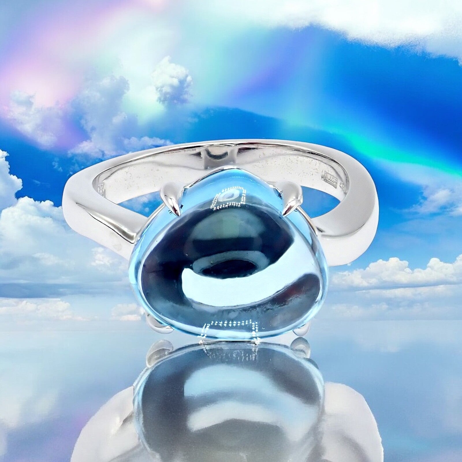Authentic Bulgari 18k White Gold Mediterranean Eden Blue Topaz Ring - Size 6 | Luxury Jewelry for Women, Elegant Gift for Anniversary, Engagement & Special Occasions