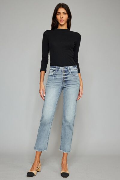 Kancan High Waist Button Fly Raw Hem Cropped Straight Jeans for Women - Trendy Distressed Denim Pants for Casual Outfits & Street Style Fashion