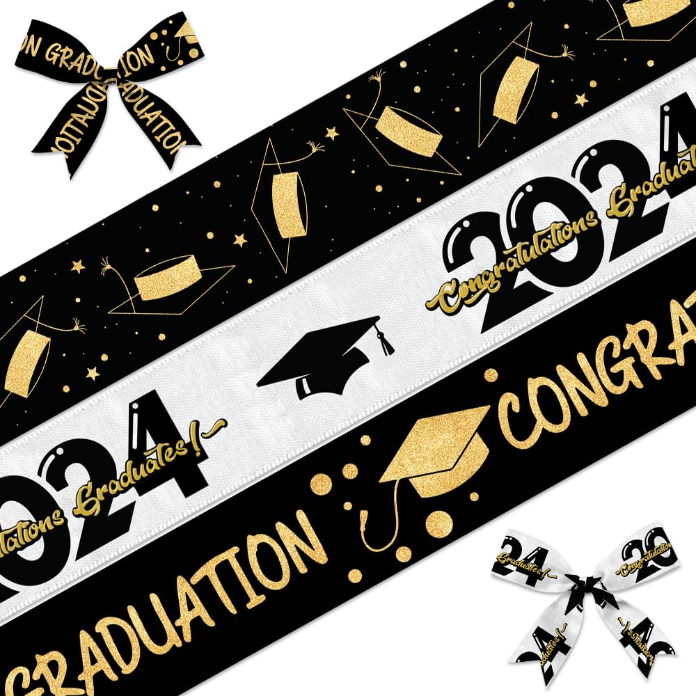 3-Pack Graduation Ribbon Set - 5 Yards Each with Gold/White/Black Congratulatory Words - Perfect for Graduation Ceremonies, Diploma Wrapping & Party Decorations (2022 Design)