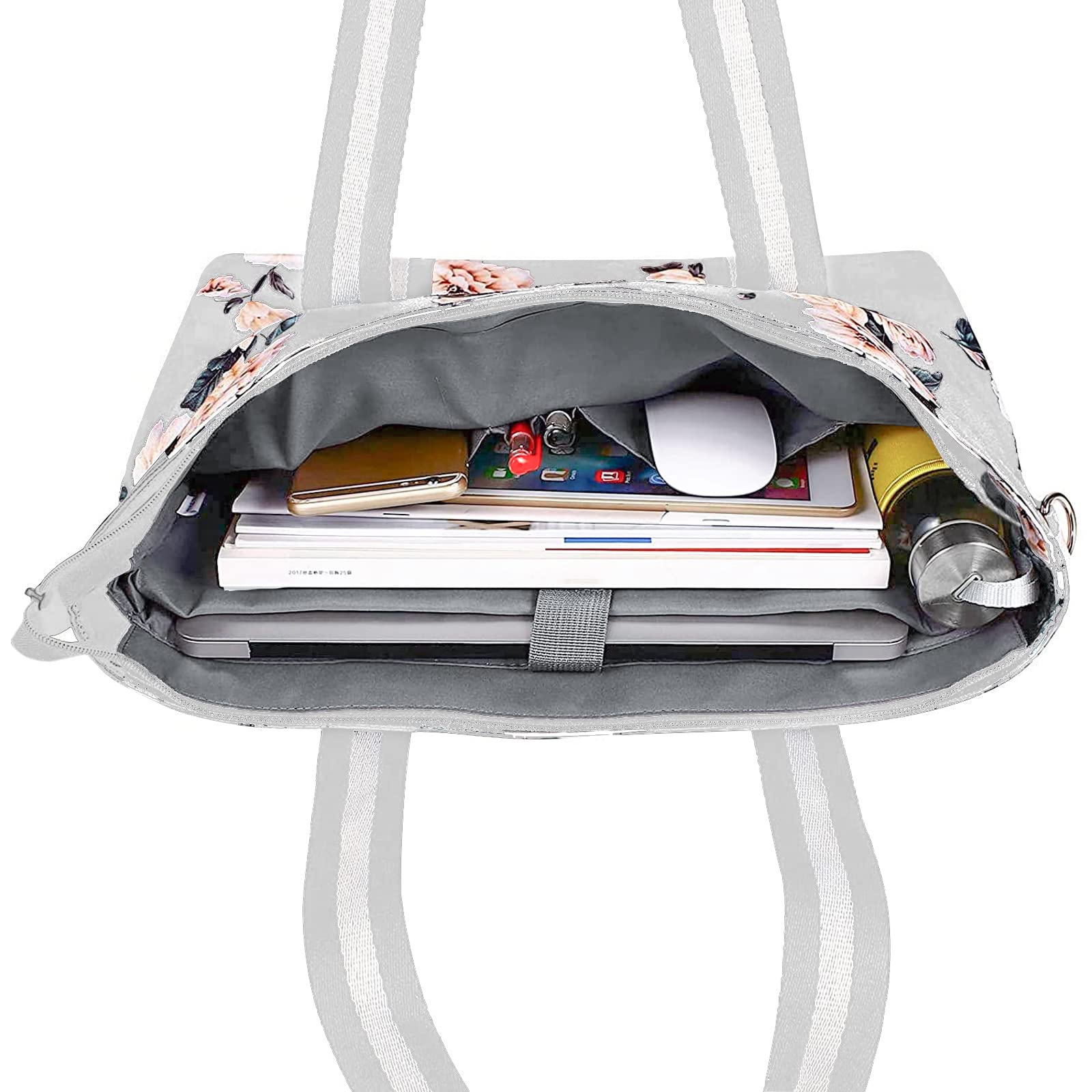 MOSISO 17-17.3 Inch Laptop Tote Bag for Women - Stylish Canvas Camellia Multifunctional Work Travel Shopping Shoulder Bag (Grey) - Perfect for Office, Commuting & Business Trips