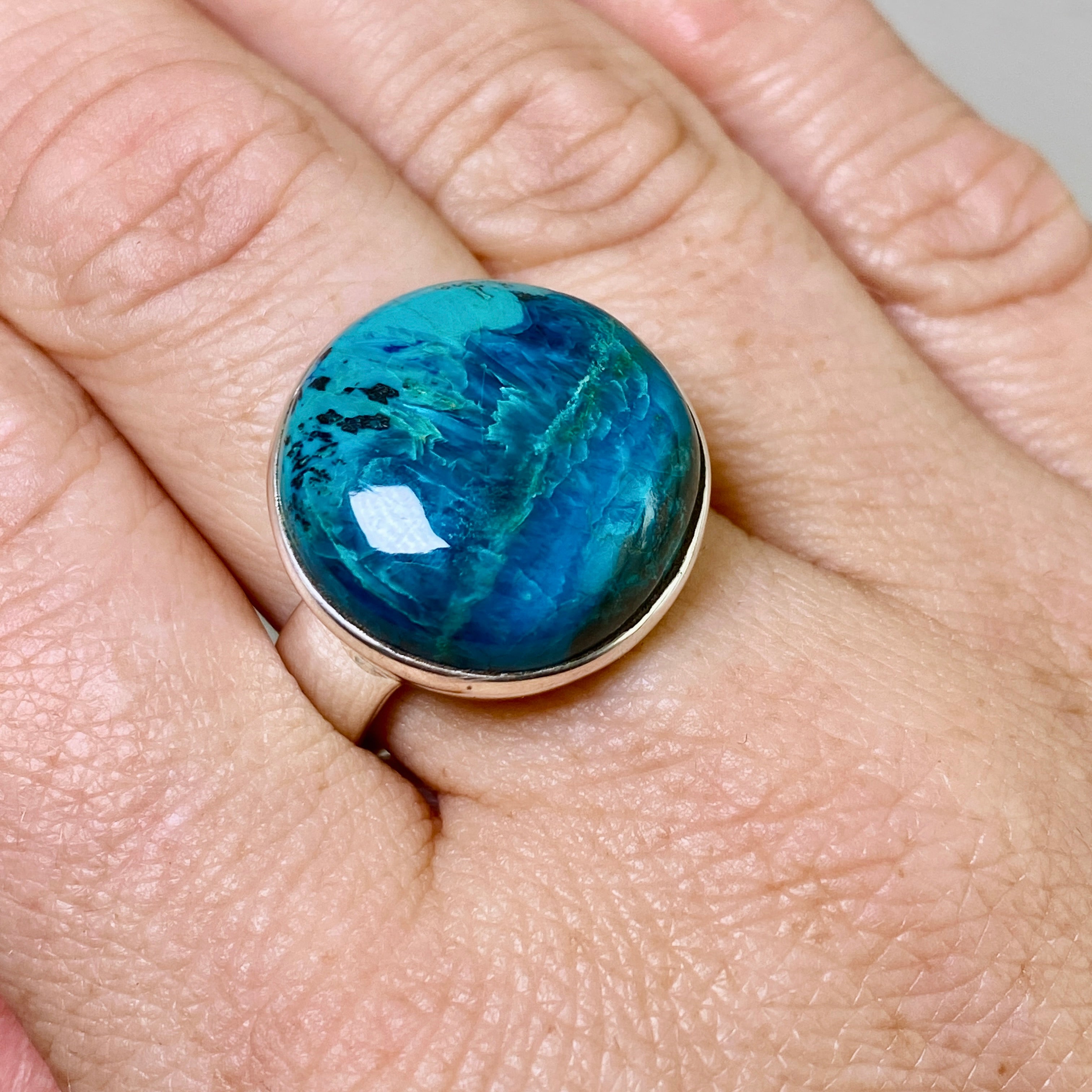 Shattuckite Round Cabochon Ring - Size 10.5 - Natural Stone Jewelry - Handmade Boho Ring for Women - Perfect for Spiritual Healing & Meditation Accessories