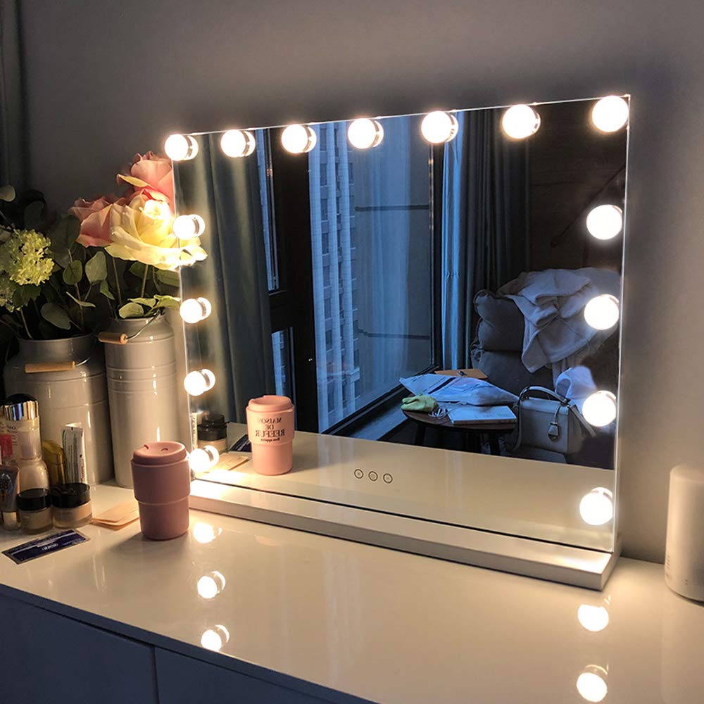 FENCHILIN Hollywood Vanity Mirror with Lights - 15 Dimmable LED Bulbs, Adjustable Brightness, Slim Metal Frame, White (Tabletop/Wall Mount) - Perfect for Makeup, Skincare & Dressing Room Decor