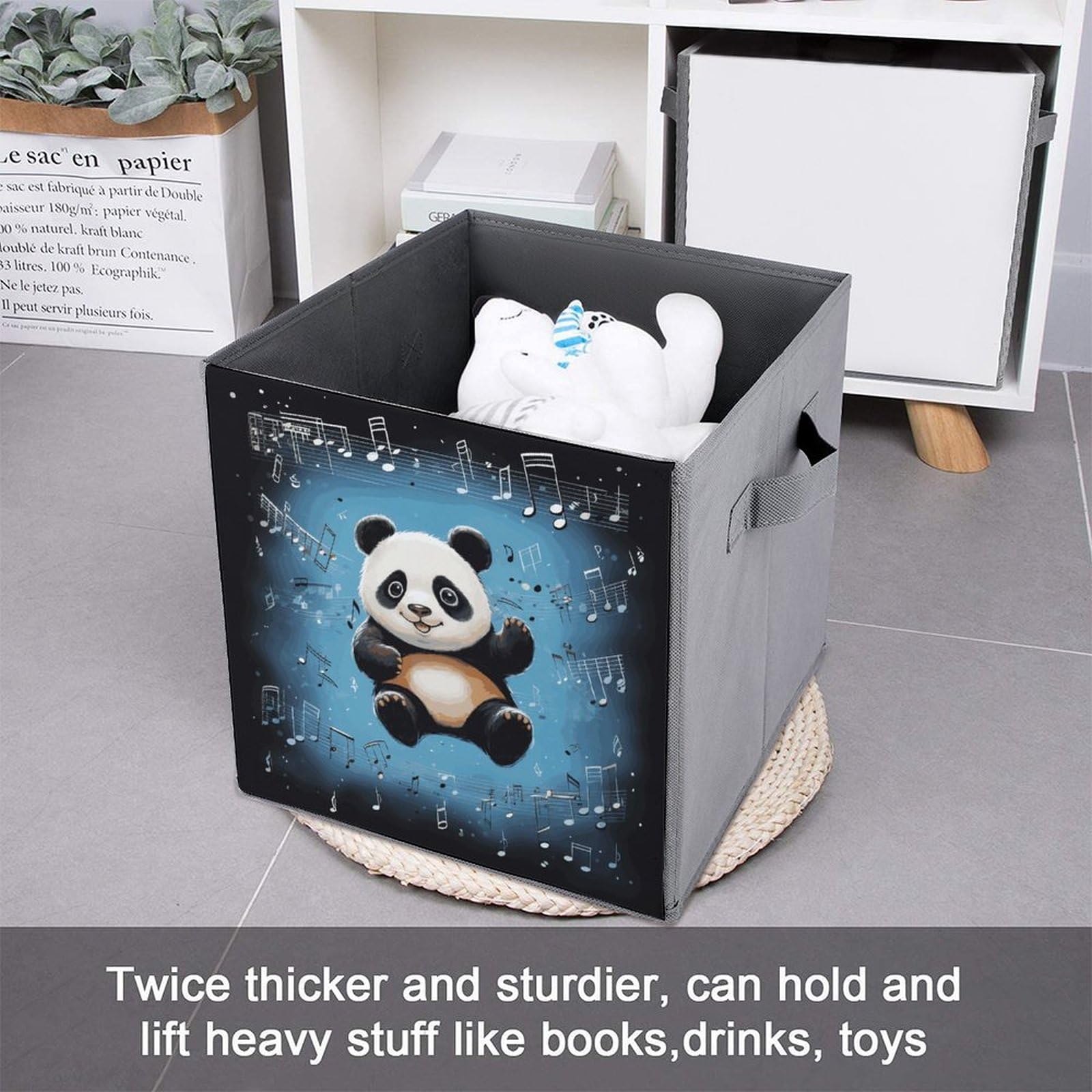 2-Pack Panda & Music Notes Printed Storage Baskets - Foldable Fabric Storage Bins for Home Organization, Closet, Nursery & Office Supplies