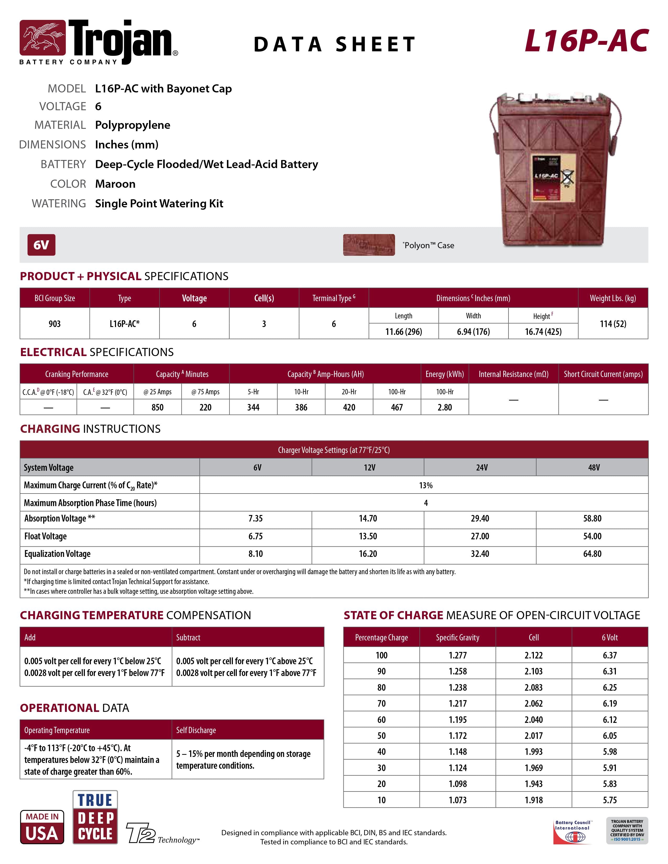 Trojan Deep Cycle Battery 6V 420Ah - High Capacity Marine & RV Battery for Boats, Golf Carts, Solar Power Systems