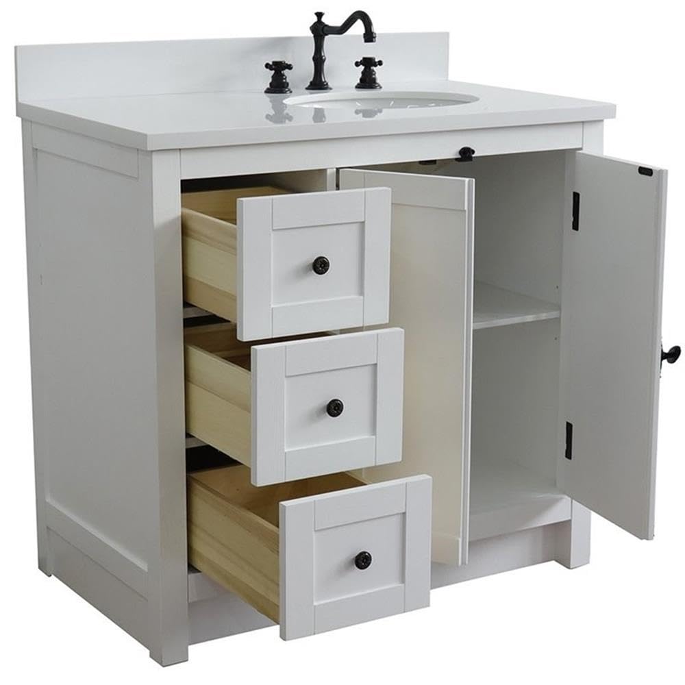 White/Glacier Ash Plantation Solid Wood Bathroom Vanity with Right Oval Sink - Perfect for Modern Farmhouse, Coastal, or Traditional Bathroom Decor