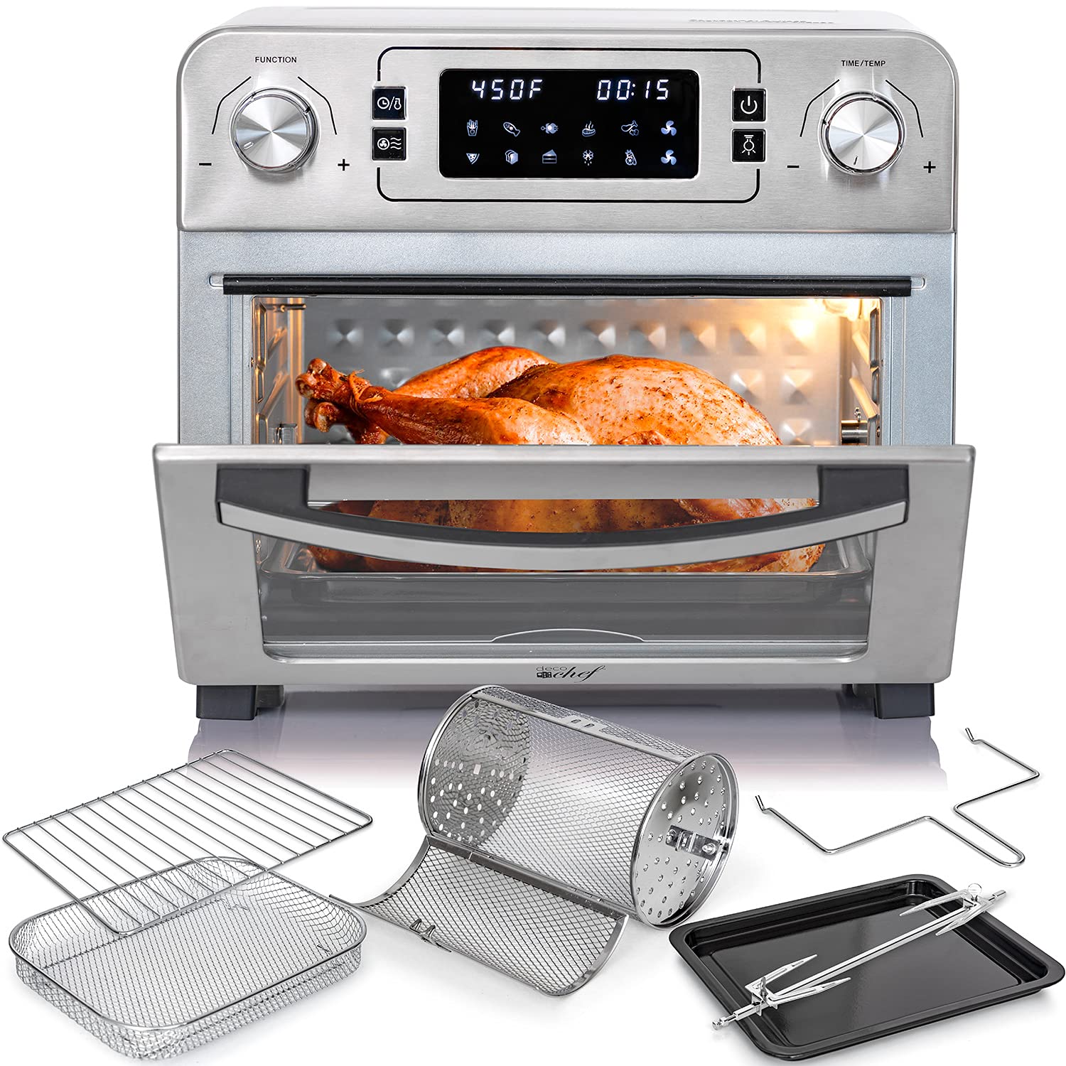 Deco Chef 24 QT 1700W Stainless Steel Countertop Toaster Oven with Air Fryer - Includes Rotisserie, Grill Rack, Frying Basket & Baking Pan - Perfect for Baking, Roasting, Air Frying & Family Cooking