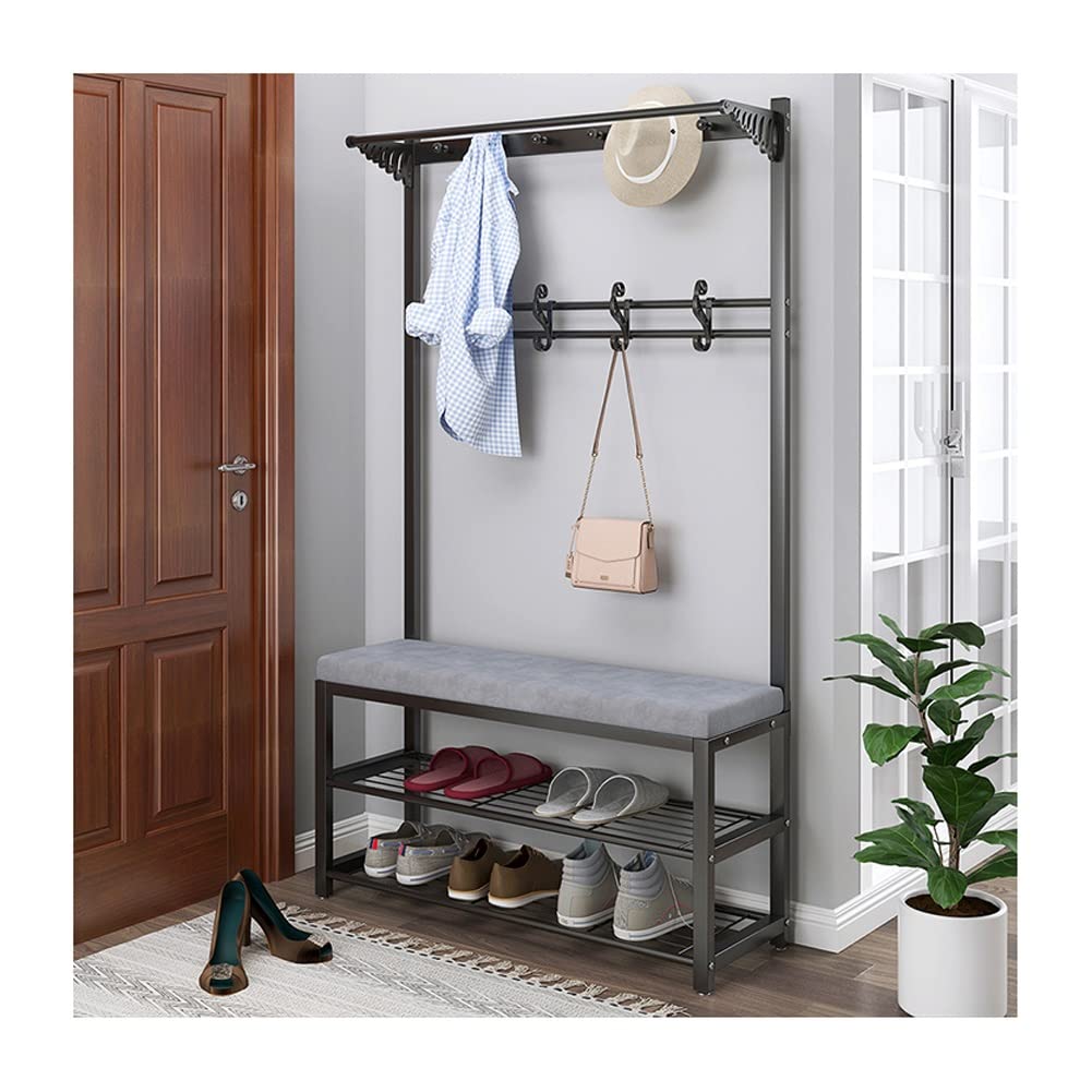 YAWEDA Rustic Entryway Coat Rack Shoe Bench with Storage - 100 x 33 x 170cm Hall Tree Mudroom Bench with Hooks - Black Accent Furniture for Small Space Entryway, Foyer, and Closet Organization