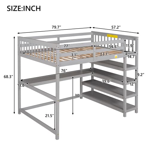 TRIPLE TREE Full Size Loft Bed Frame with Storage Shelves & Under-Bed Desk - Solid Wood Space Saving Loft Bed with Safety Guardrail for Kids, Teens & Adults - No Box Spring Needed - Gray - Perfect for Small Bedrooms, Dorms & Studio Apartments