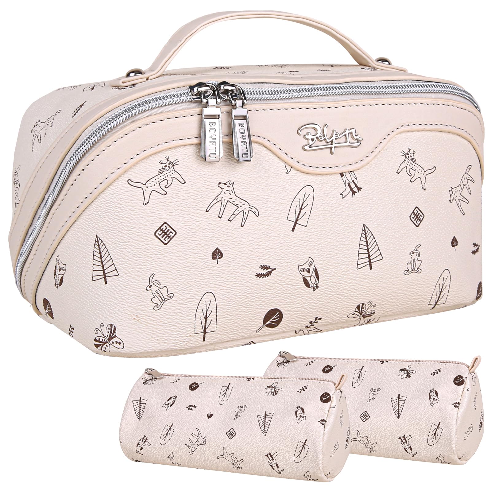 BOYATU 3-Piece Large Travel Makeup Bag Set for Women - Waterproof PU Leather Cosmetic Organizer with Compartments, Handle & Divider - Portable Toiletry Bag for Vacation, Gym & Daily Use (Off-white)