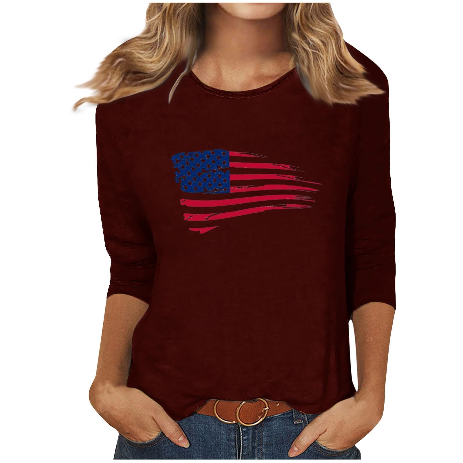 Women's 4th of July Patriotic Shirts - 3/4 Sleeve Casual T-Shirts for Summer, Cute Dressy Tops for Independence Day Celebrations, BBQ Parties & Festive Outfits