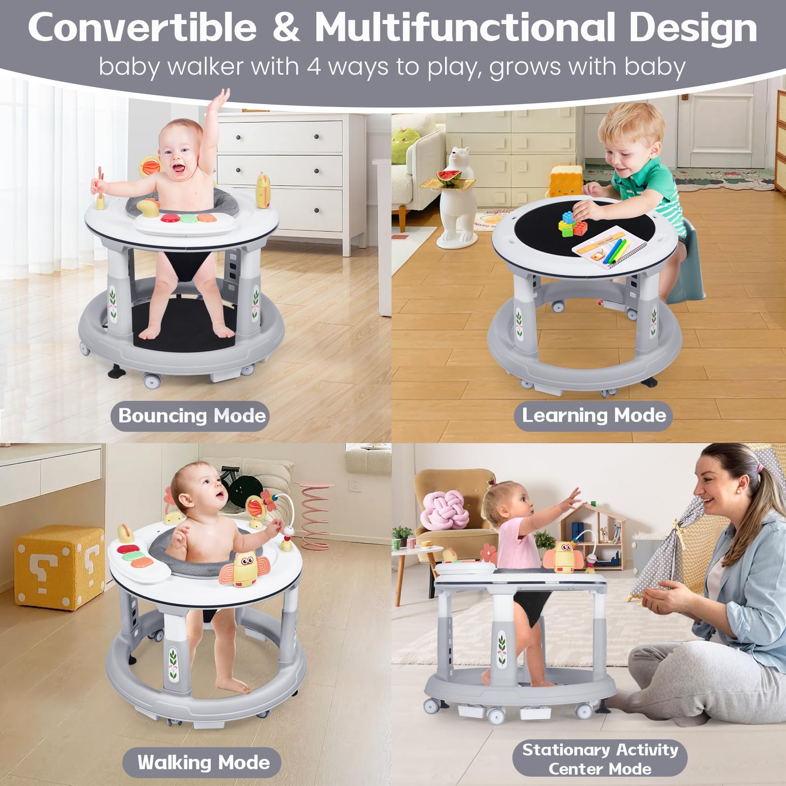 5-in-1 Foldable Baby Walker with Wheels & Activity Center - Adjustable Height Infant Walker for Boys & Girls 6-18 Months - Includes Bouncer, Music & Learning Modes - Perfect for Early Walking Development & Playtime Fun