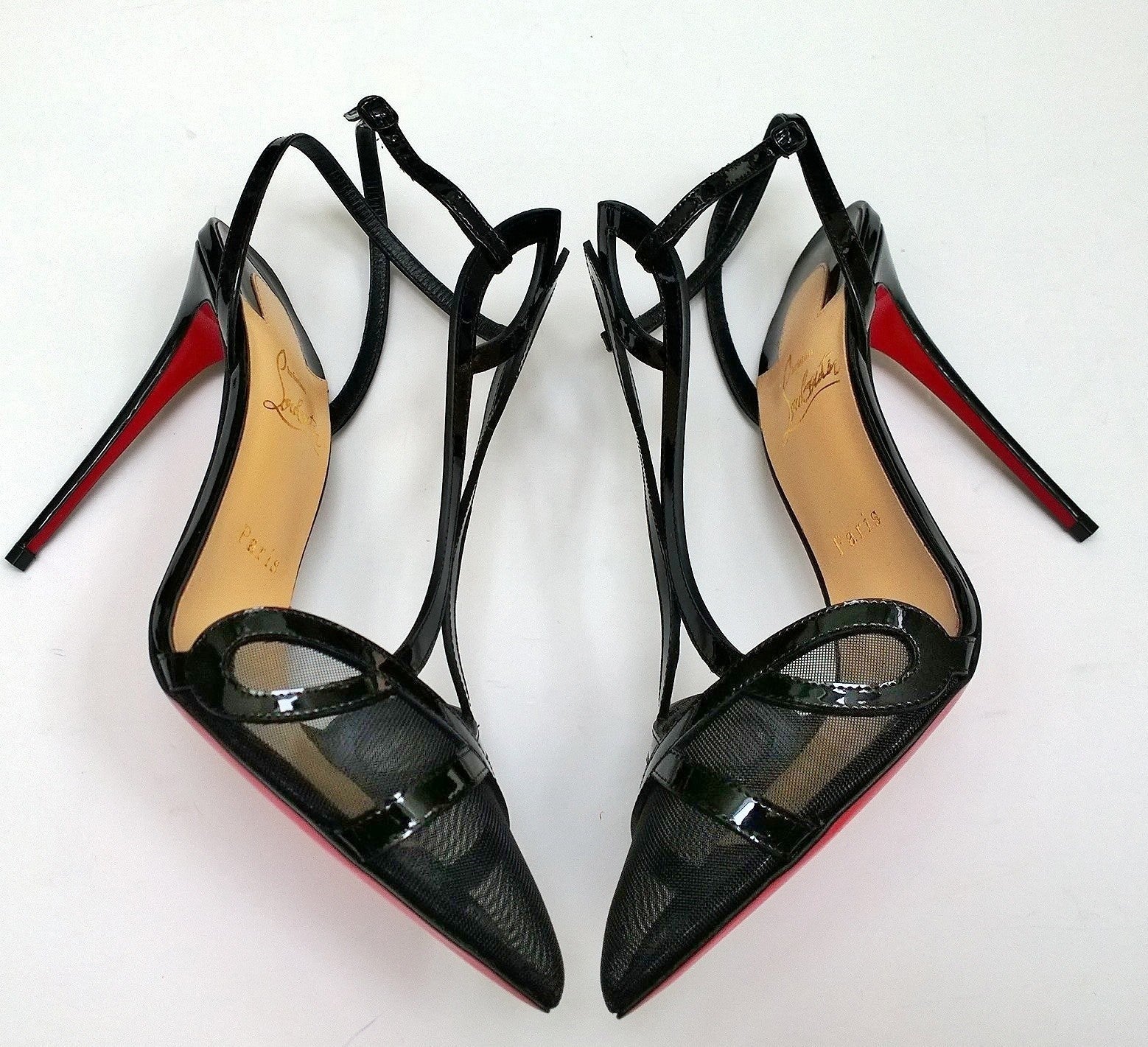 Christian Louboutin Double L 100 Black Patent Leather Mesh High Heels Pumps - Perfect for Evening Parties, Weddings & Special Occasions