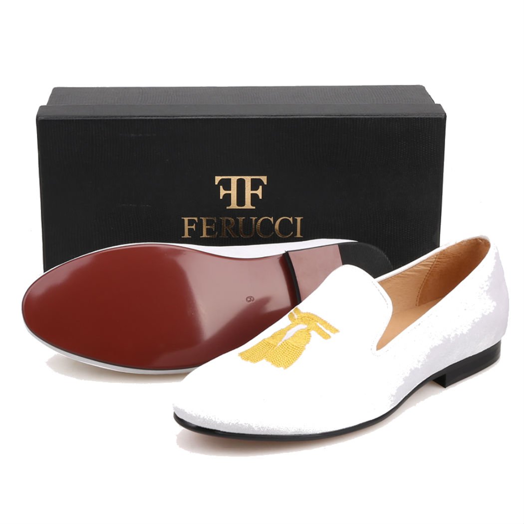 FERUCCI Men's White Velvet Loafers with Gold Embroidered Tassel - Comfortable House Slippers for Indoor/Outdoor Wear, Perfect for Lounge, Travel and Gift Giving