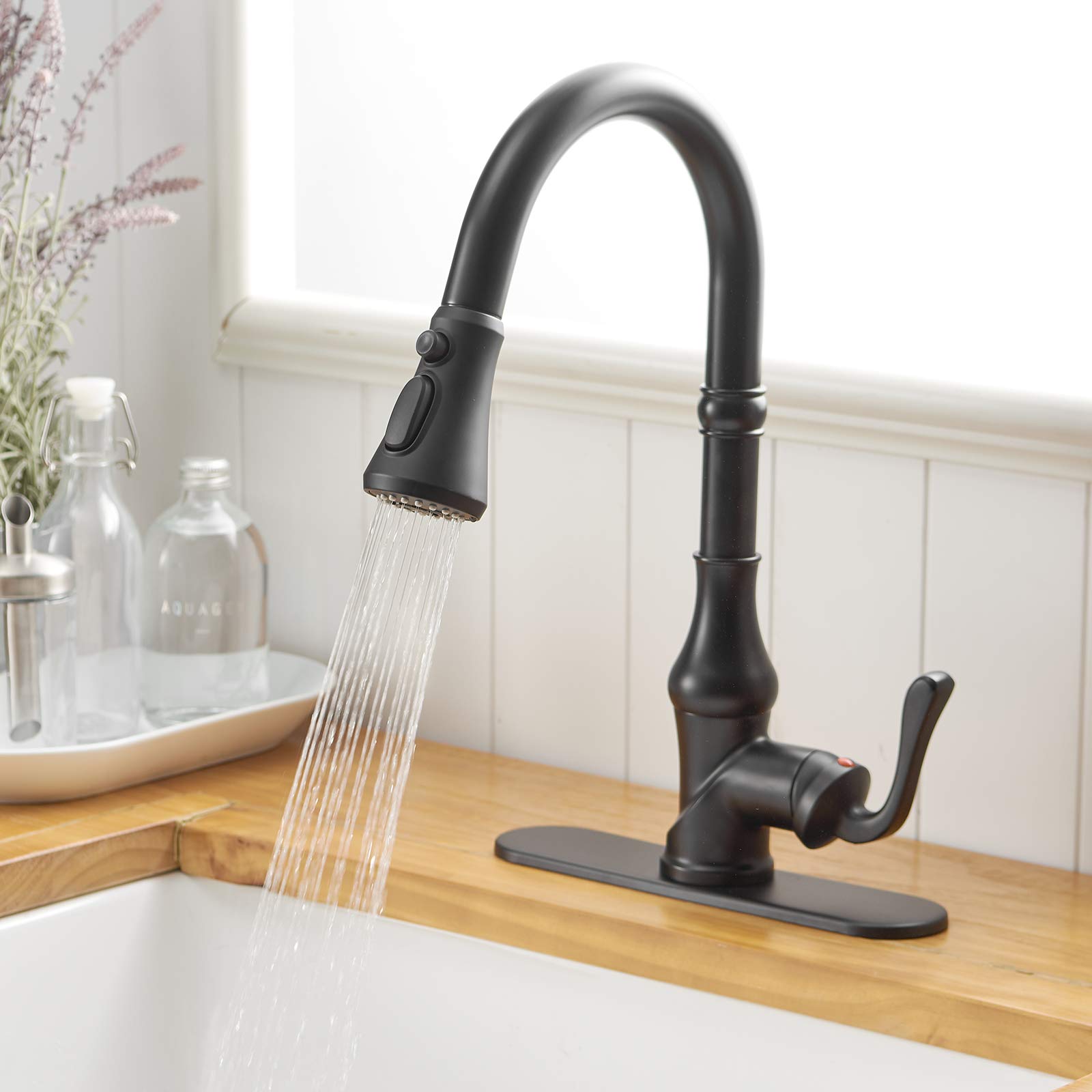 Matte Black Pull-Out Sprayer Kitchen Faucet - 3 Spray Modes, Single Handle Gooseneck Design, High Arc Farmhouse Sink Faucet with Deck Plate | Perfect for Commercial Bars & Modern Kitchens
