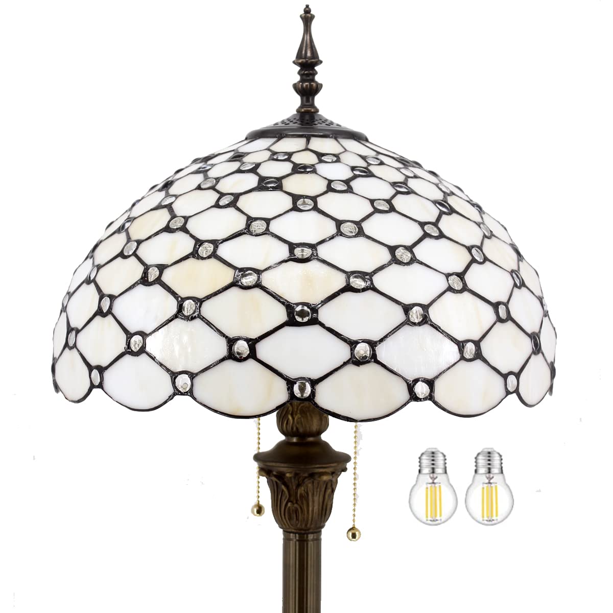 **WERFACTORY Tiffany Floor Lamp - 16x16x64 Inches Antique Cream Amber Stained Glass Bead Standing Light for Reading, Bedroom, Living Room & Home Office Decor (S005 Series) - Perfect for Cozy Corners & Vintage-Inspired Spaces**