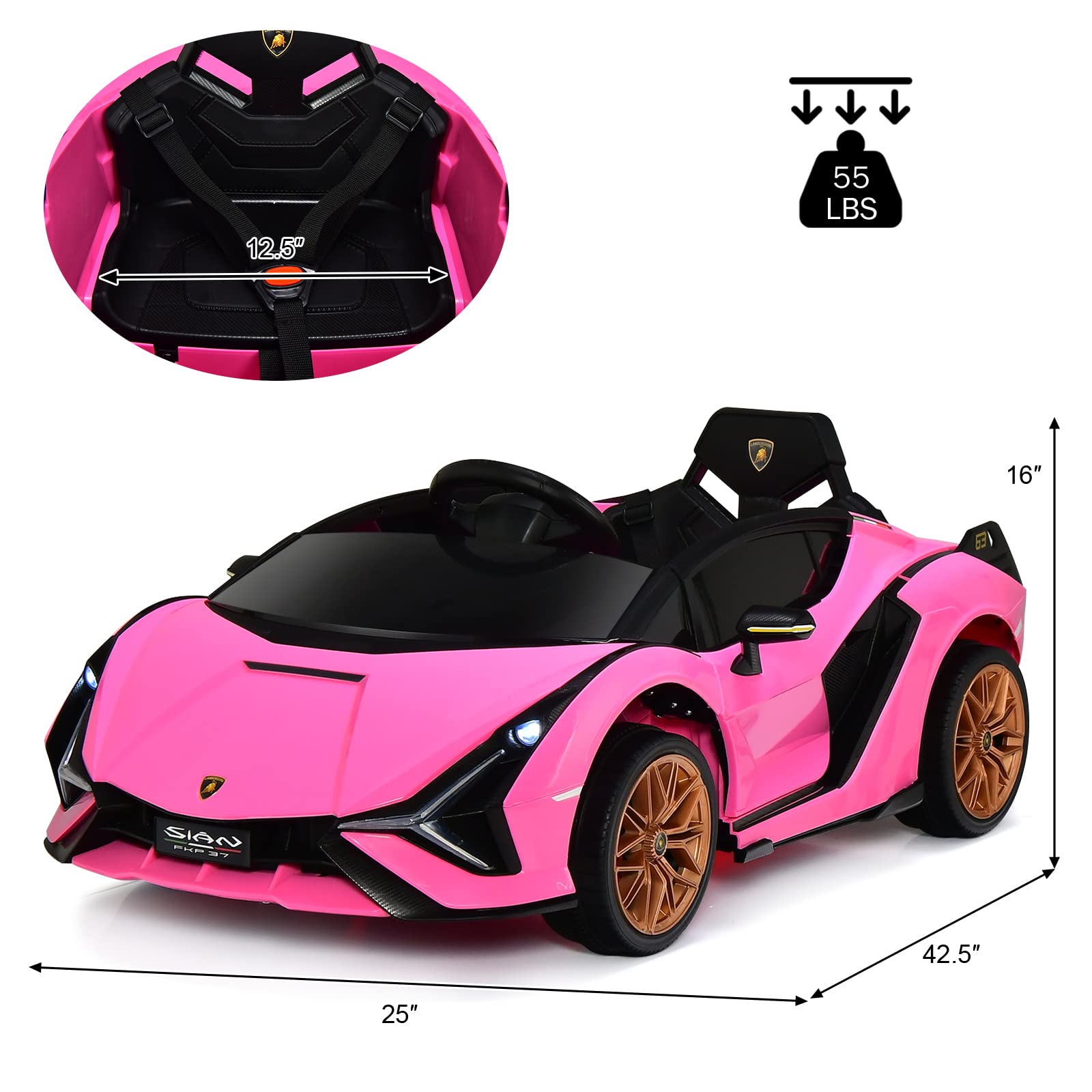 INFANS 12V Licensed Lamborghini Sian Kids Electric Ride-On Car with Parent Remote Control - Spring Suspension, MP3 Player & Carbon Fiber Texture - Pink Toddler Toy Roadster for Birthday Gifts & Outdoor Play