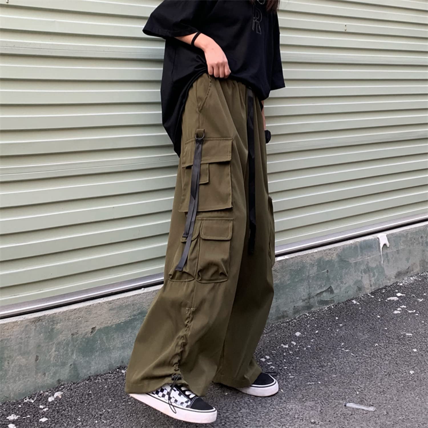 Trendy Wide Leg Cargo Pants for Women - Punk Style Baggy Drawstring Trousers with Pockets | Harajuku Streetwear Fashion | Straight Leg Sweatpants Joggers for Casual Wear, Street Style & Outdoor Activities