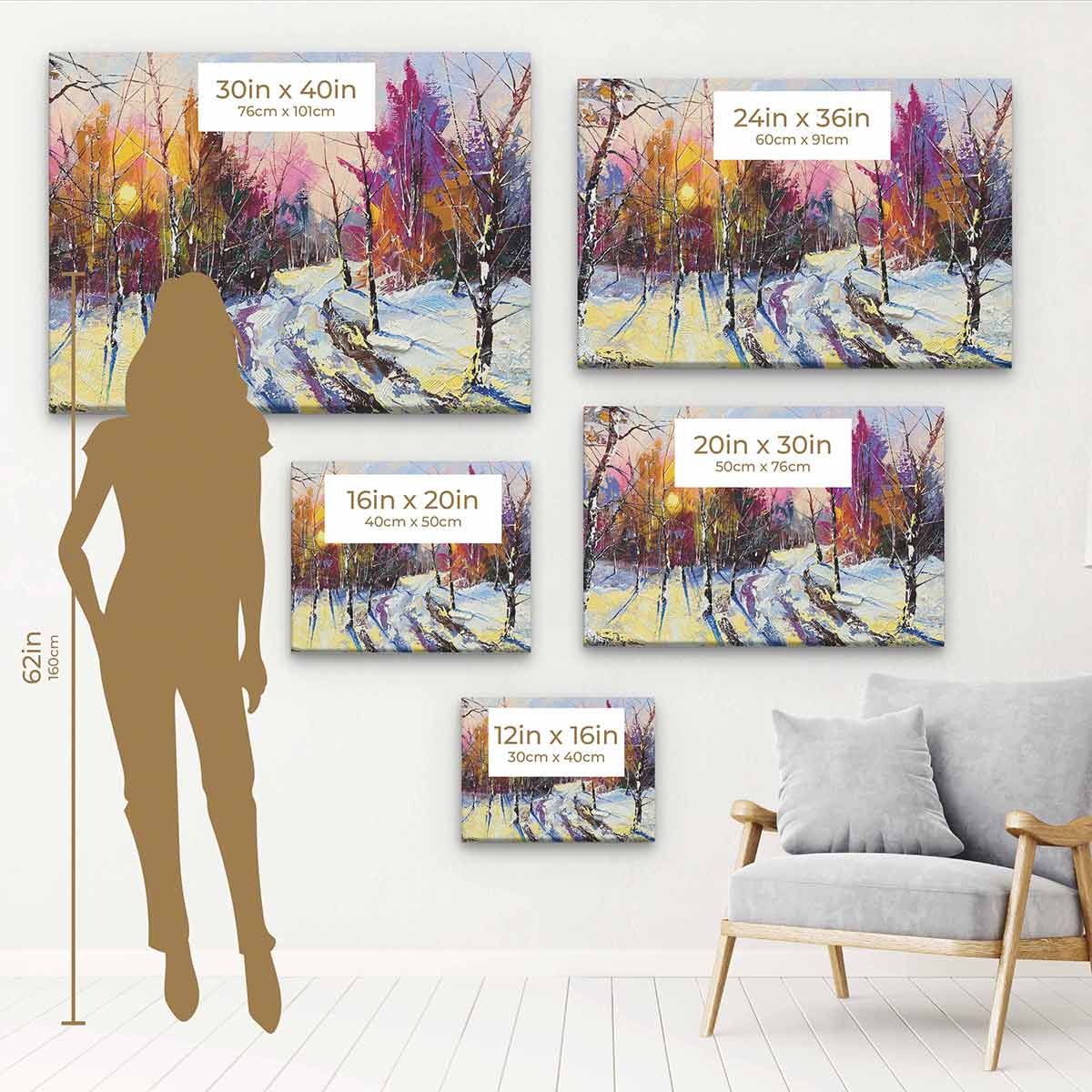 White Sunset in Winter Wood Wall Art Canvas - 1785 - Handmade Nature Landscape Painting for Living Room, Bedroom & Office Decor