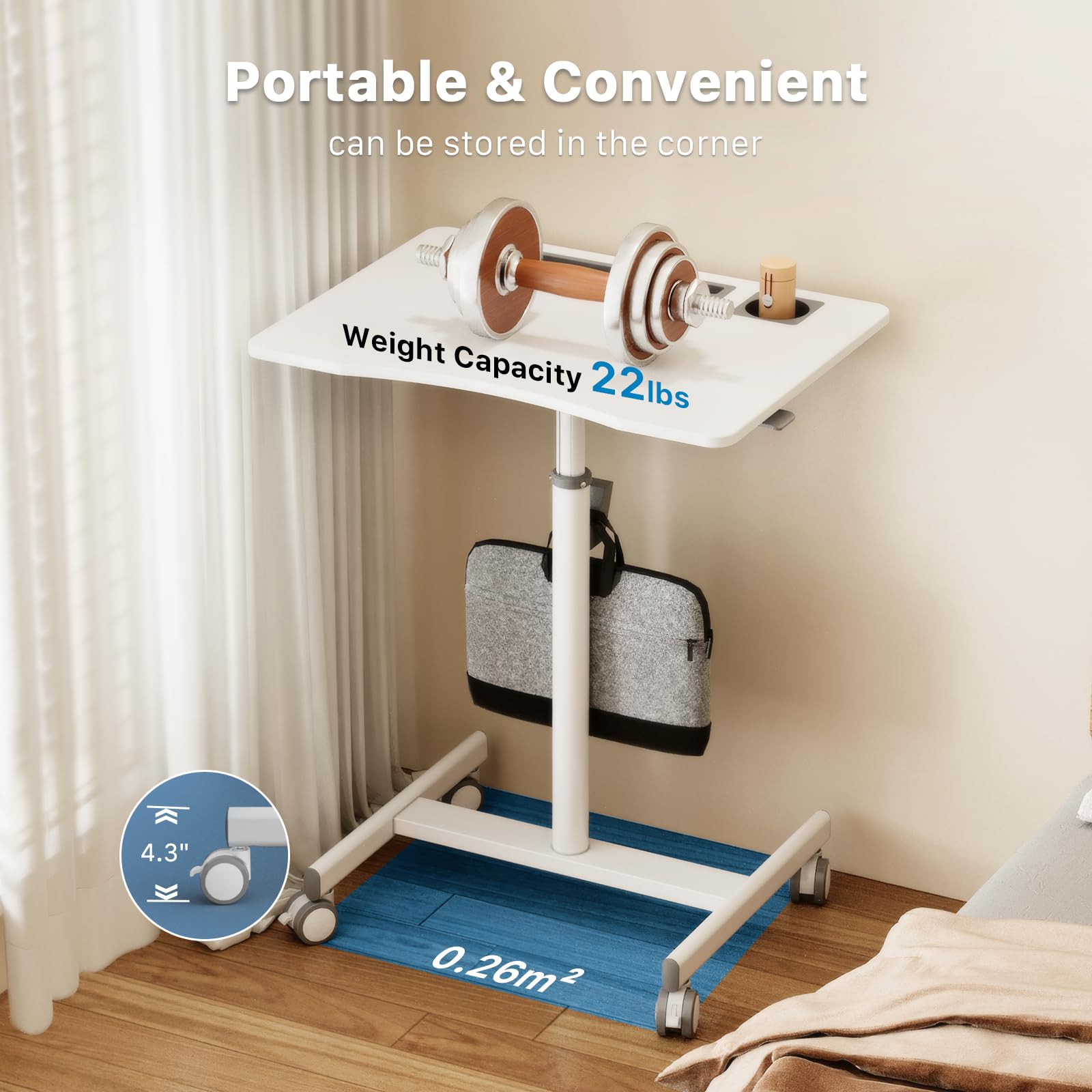 28 Inch Mobile Standing Desk with Wheels & Cup Holder - Adjustable Rolling Laptop Workstation for Home Office, Portable Computer Cart with Storage Hook (White) - Perfect for Remote Work, Study & Small Space Living