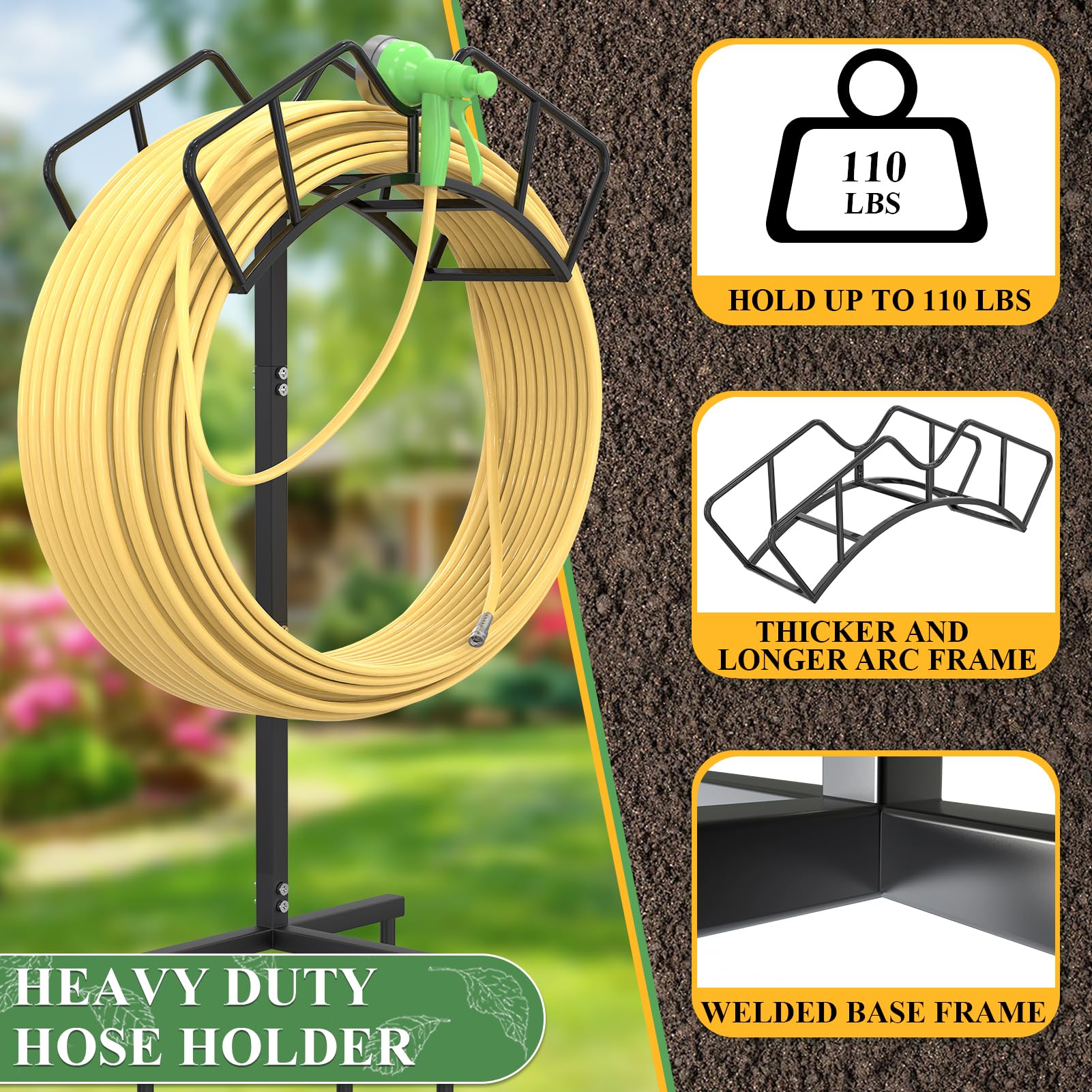 Heavy Duty Garden Hose Holder - Removable Outdoor Hose Storage for 120-Feet Hose - Black Yard & Lawn Hose Organizer - Perfect for Garden, Patio, and Garage Organization
