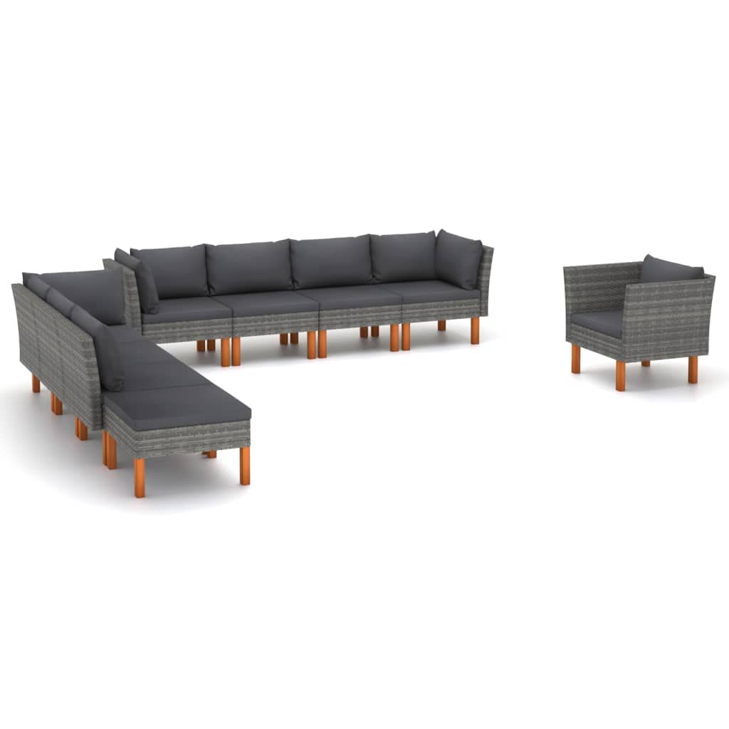 9-Piece Outdoor Modular Wicker Furniture Set - Gray Rattan Sectional Sofa with Cushions & Footstool - Weather-Resistant Poly Rattan & Eucalyptus Wood - Perfect for Patio, Garden, Poolside or Backyard Lounge