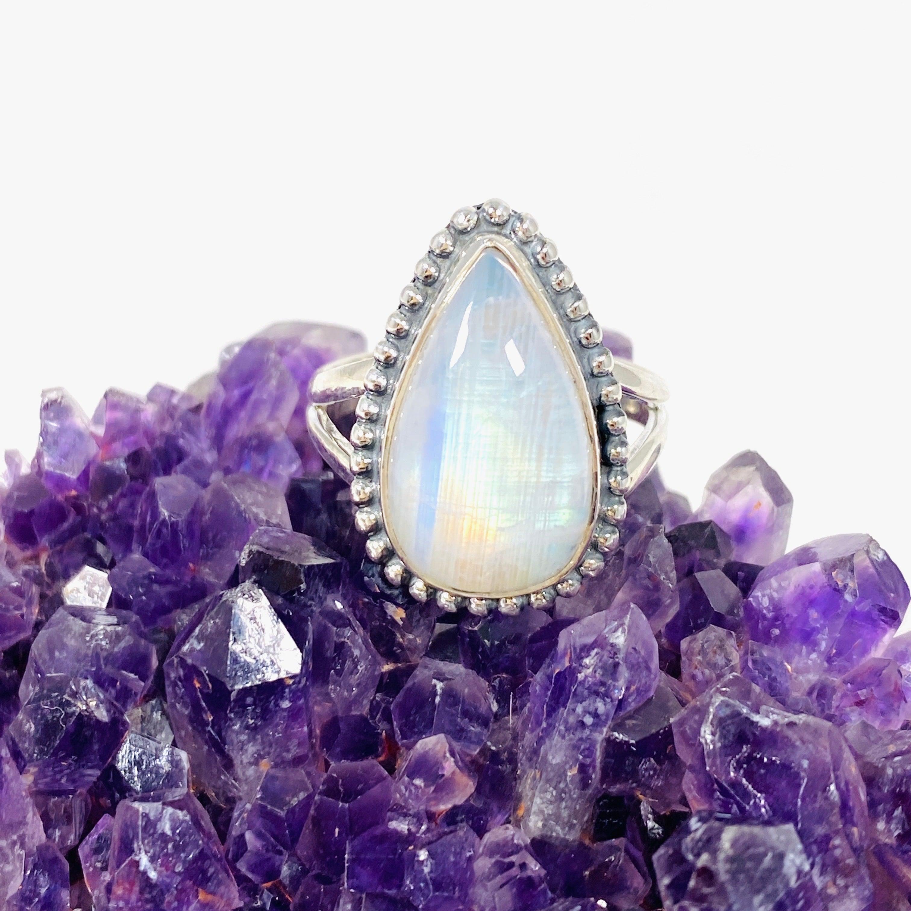 Moonstone Teardrop Ring with Sterling Silver Detailing - Elegant Dainty Jewelry for Women, Perfect for Weddings, Anniversaries & Everyday Wear | KRGJ3019