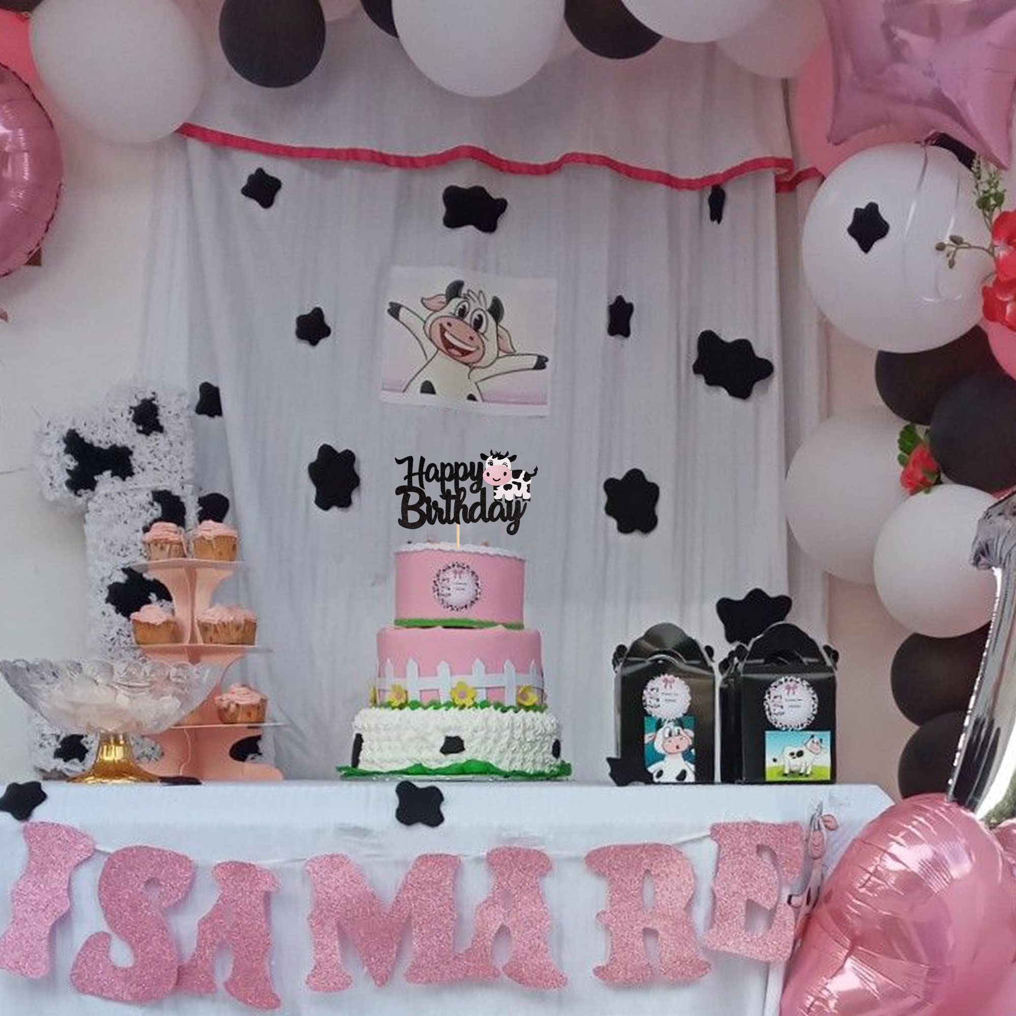 1 PCS Cow Happy Birthday Cake Topper - Glitter Farm Animal Cake Decor for Cow Theme Baby Shower, Kids 1st Birthday Party - Perfect for Boys & Girls Birthday Cakes, Cupcakes and Dessert Table Decorations