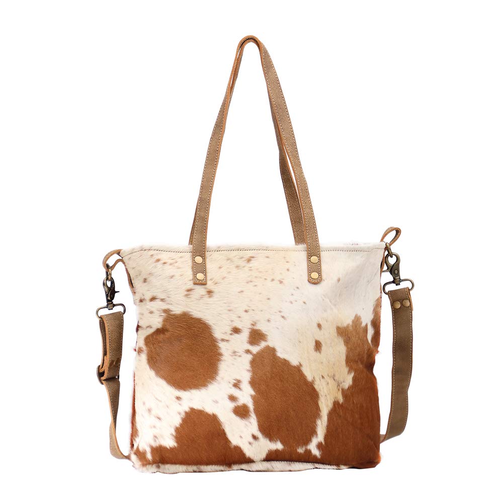 Myra Bag Camel Upcycled Canvas & Cowhide Tote Bag S-1465 - Eco-Friendly Fashion Accessory for Work, Travel & Everyday Use