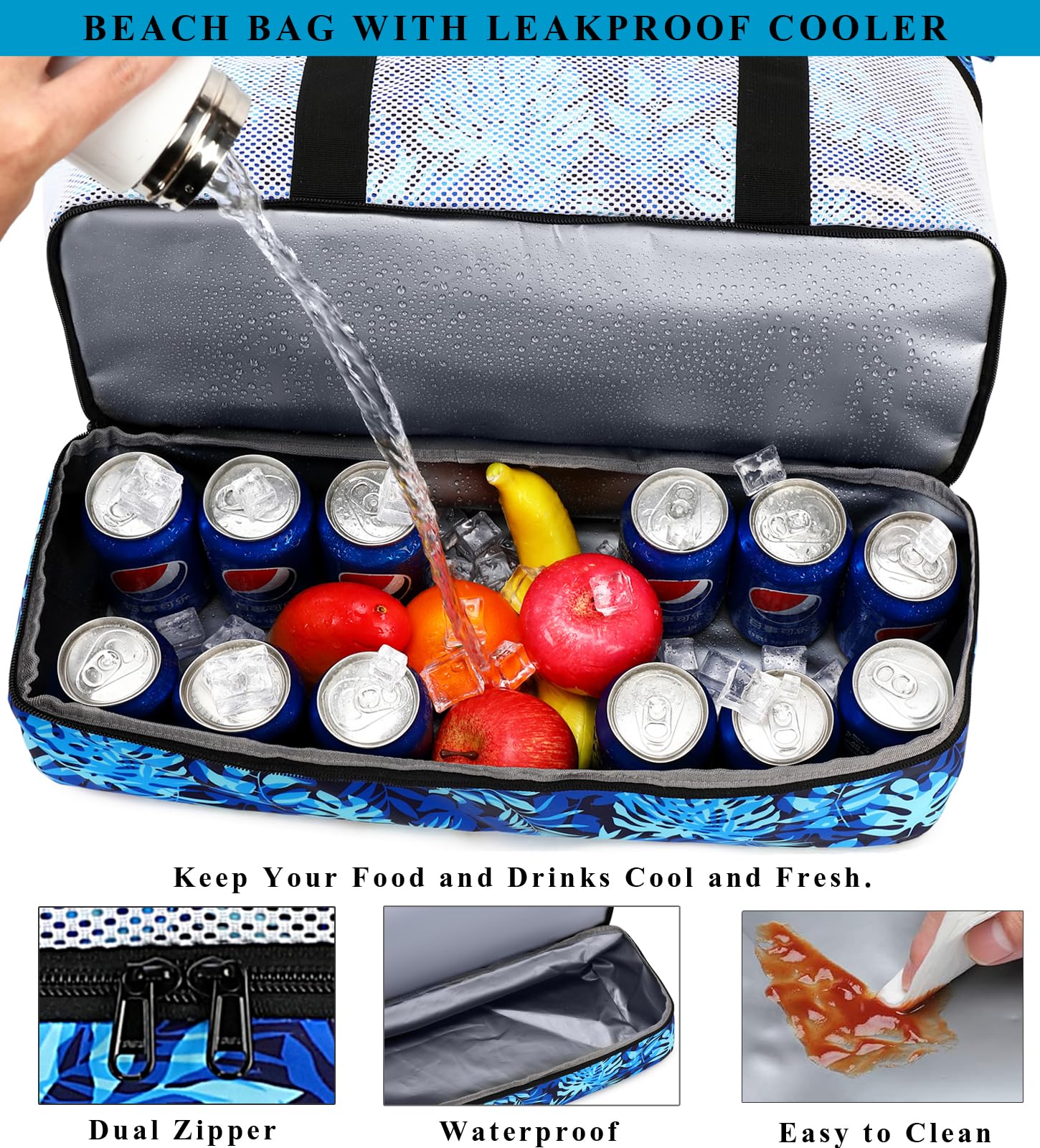 Waterproof Sandproof Beach Tote Bag with Built-in Cooler | Large Durable Beach Essentials Bag for Women | Perfect for Pool Parties, Vacations & Summer Outings