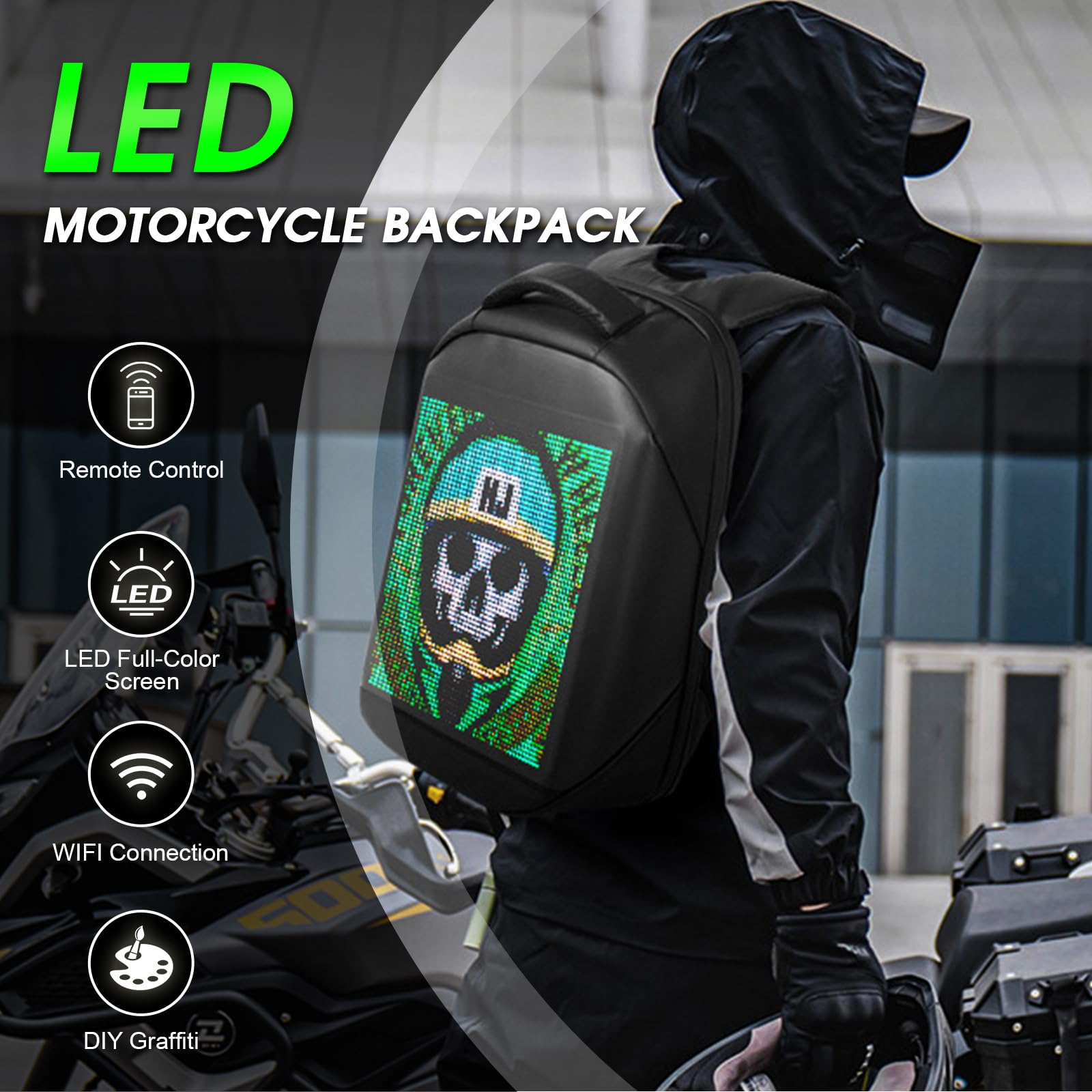 Programmable LED Backpack with Full-Color Screen - Waterproof Laptop Backpack for Travel, Camping & Cycling - Custom DIY Digital Display Backpack for Tech Enthusiasts & Outdoor Adventures