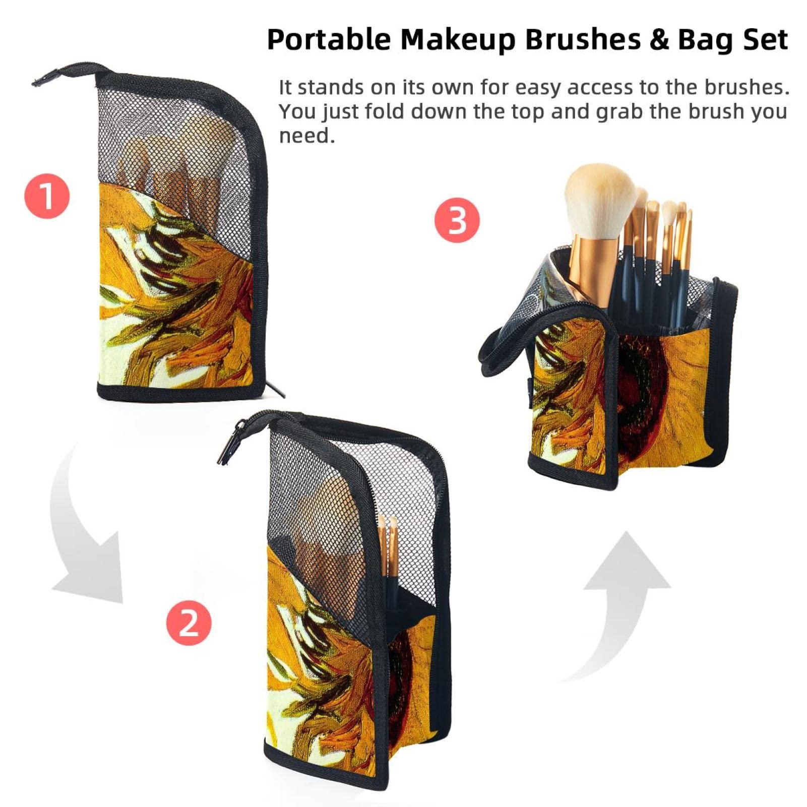12-Piece Makeup Brush Organizer Bag with Yellow Watercolor Sunflowers Design - Portable Cosmetic Brush Holder Case for Travel & Home Vanity Storage