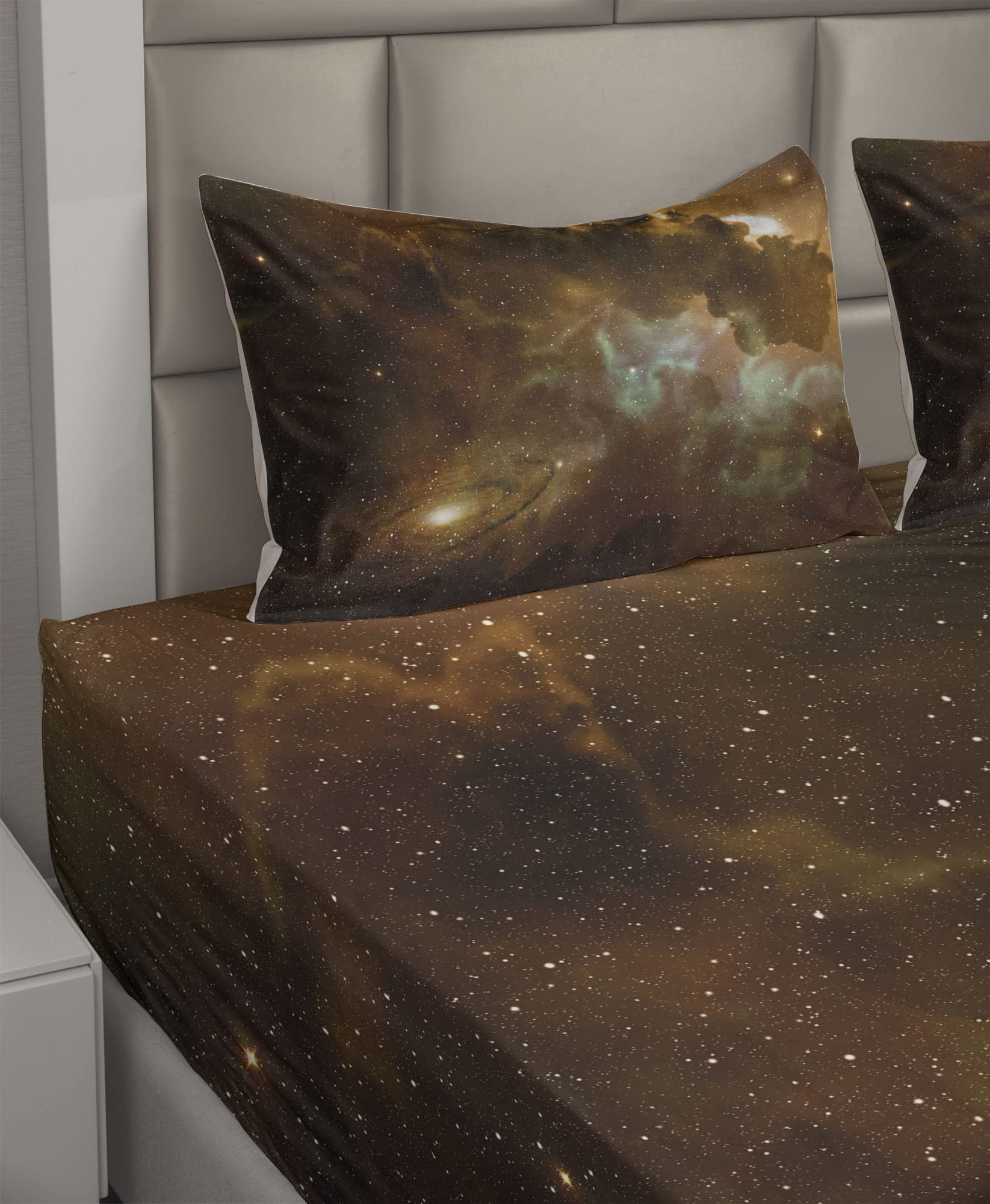 Ambesonne 4-Piece King Size Constellation Sheet Set - Dusty Nebula Spiral Galaxy Print, Fitted & Flat Sheets with Pillowcases, Pale Coffee Mint Green | Space Themed Bedding for Astronomy Lovers & Kids Room Decor