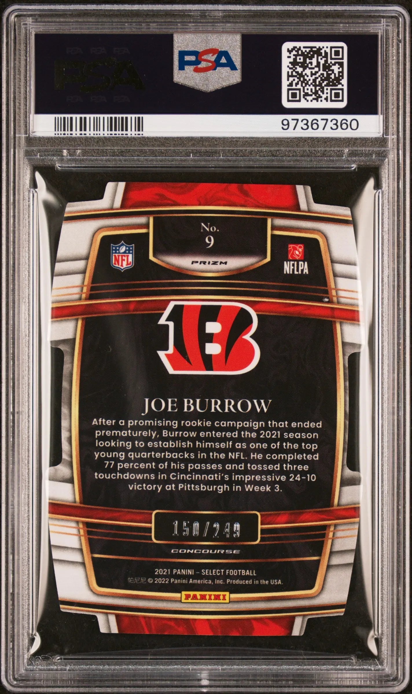 2021 Panini Select Football Joe Burrow Die Cut Orange Prizm PSA 9 /249 - Rare Collectible Trading Card for Sports Memorabilia & Investment - Perfect for Football Fans, Card Collectors, and Gift Giving