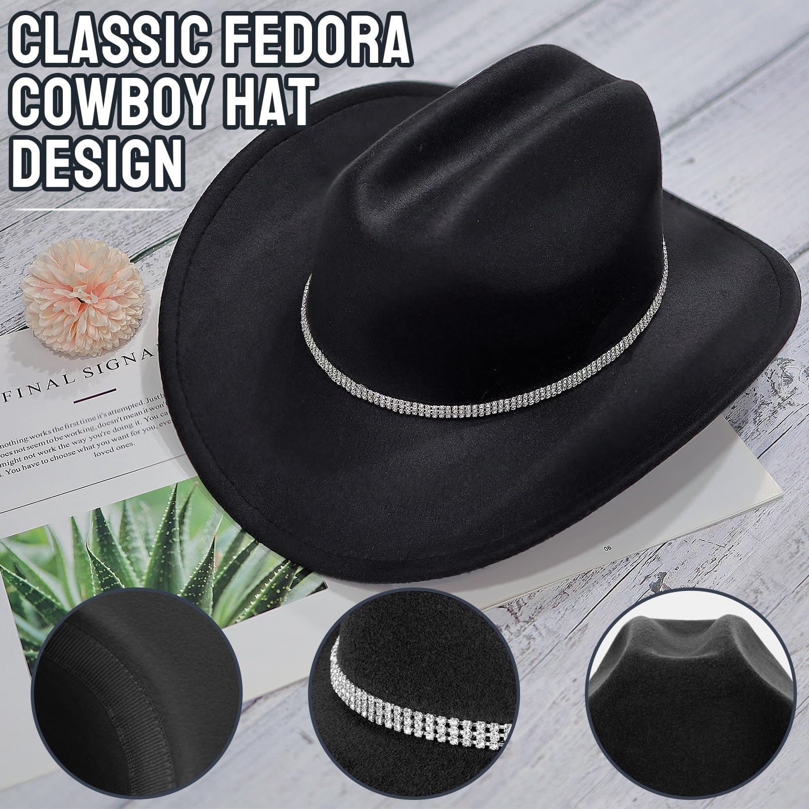Western Cowgirl Boots & Rhinestone Earrings Set with Felt Fedora Hat - Women's Rodeo Outfit Size M - Perfect for Country Concerts, Line Dancing & Cowboy Themed Parties