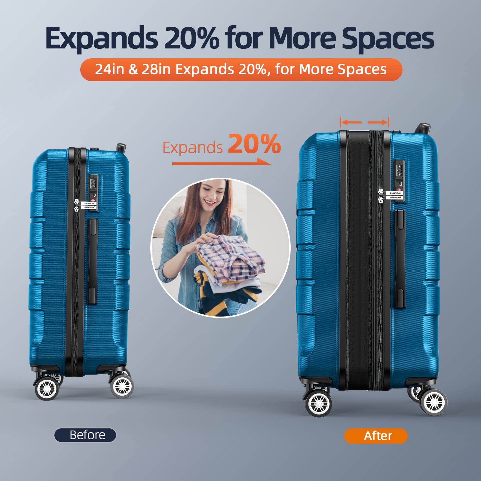 SHOWKOO Expandable 3-Piece Luggage Set - Durable PC+ABS Suitcases with Double Spinner Wheels & TSA Lock, Sea Blue - Perfect for Travel, Vacations & Business Trips