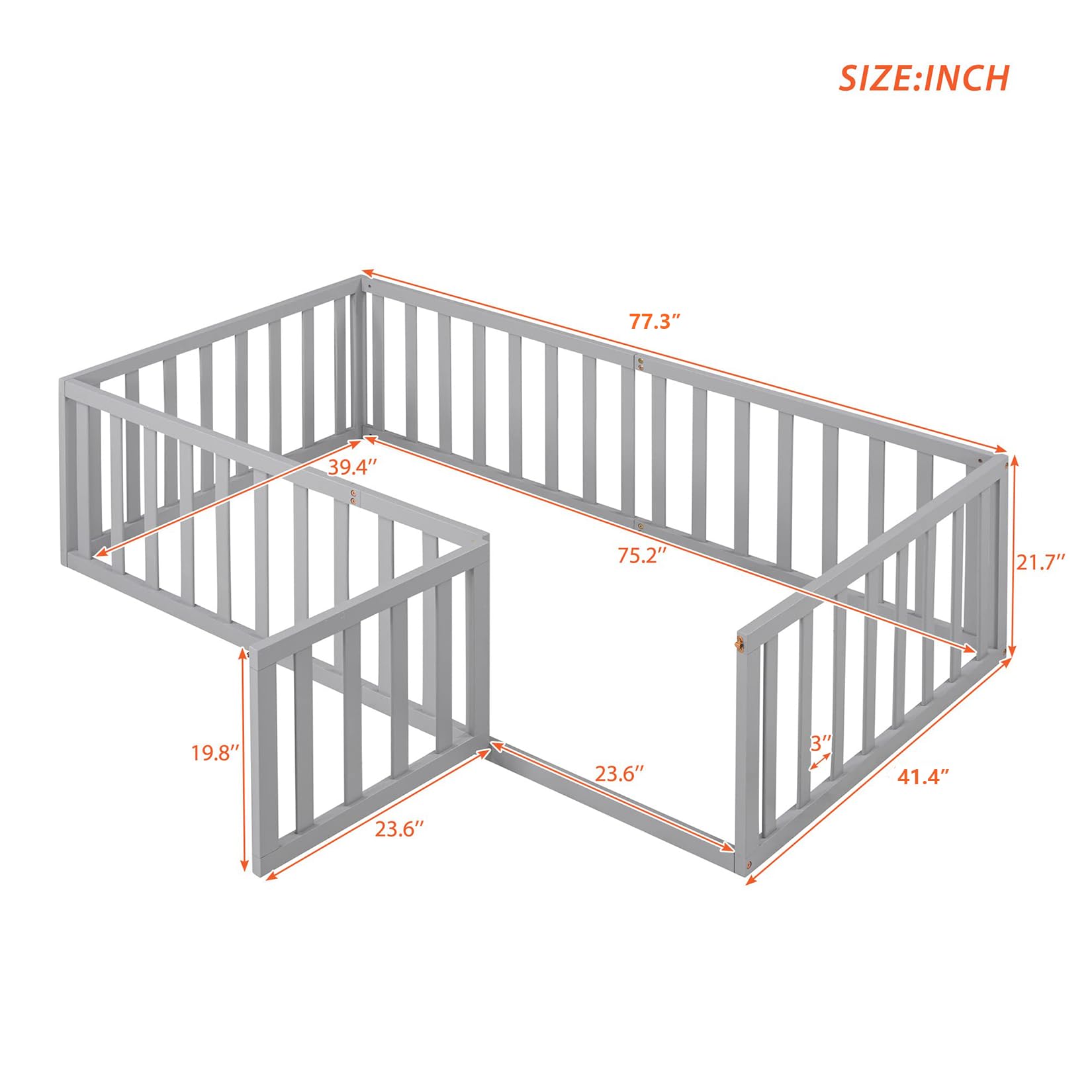 Montessori Twin Floor Bed with Safety Rails & Door - Wooden Low Profile Bed Frame for Kids, Girls & Boys - Grey - Perfect for Toddler Rooms, Daycare & Montessori Classrooms