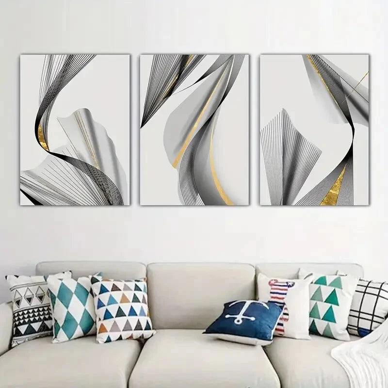 3pcs Black and Gold Line Minimalist Metal Wall Art Prints - Ready to Hang Modern Home Decor for Living Room, Bedroom & Office