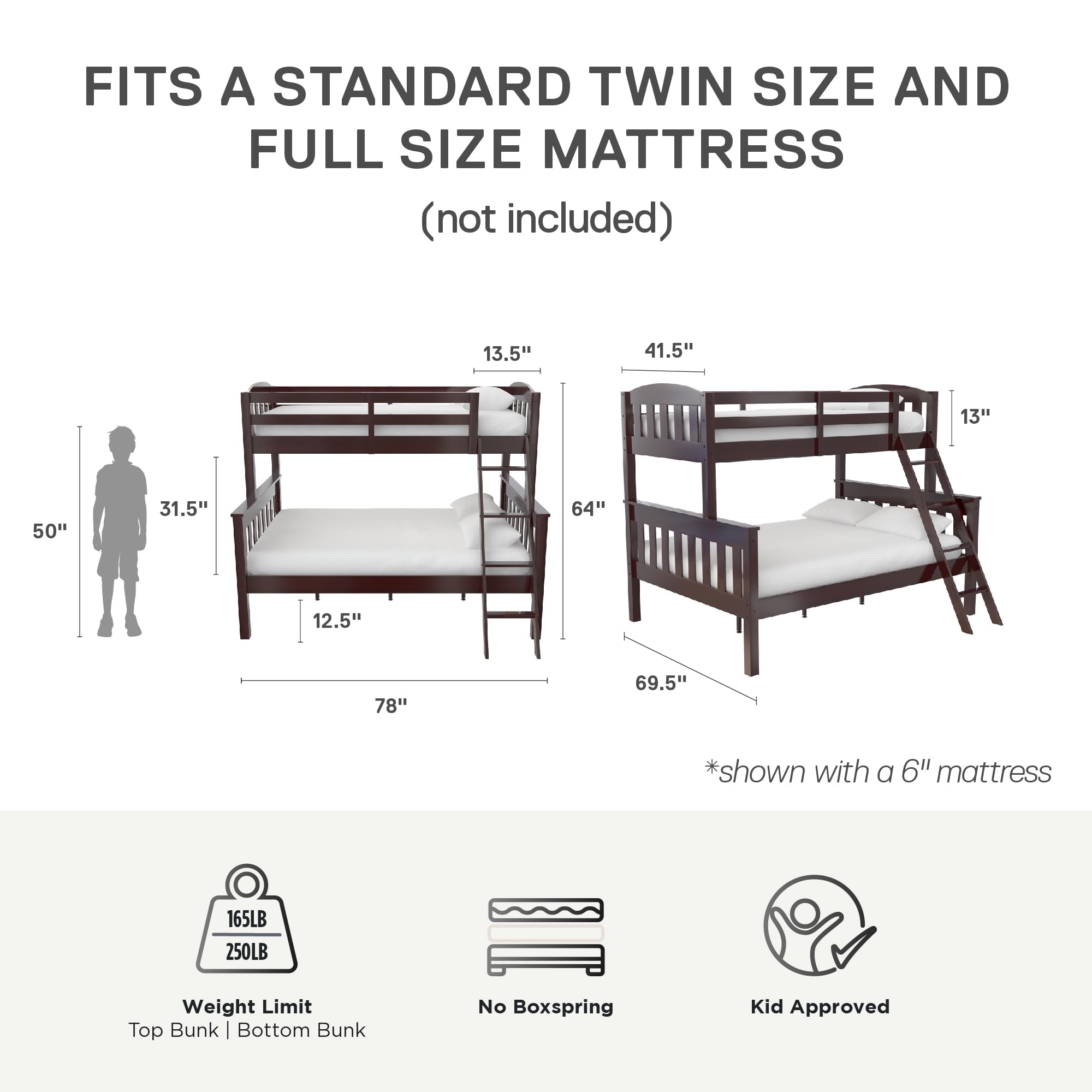 DHP Airlie Convertible Wood Bunk Bed for Kids & Teens - Twin Over Full Stackable Detachable Bed Frame with Angled Ladder & High Guardrail - No Box Spring Needed - Espresso Finish - Perfect for Small Bedrooms, Shared Kids Rooms & Sleepovers
