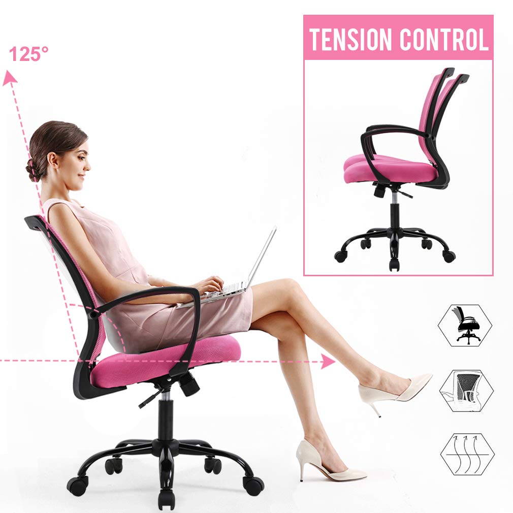 Ergonomic Mesh Office Chair with Adjustable Lumbar Support & Armrests - Mid Back Rolling Swivel Task Chair for Women & Adults - Comfortable Computer Desk Chair for Home Office & Workspace (Pink)