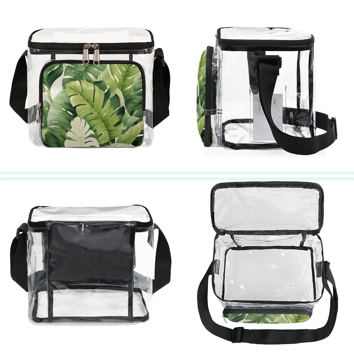 GzLeyigou Summer Clear Tote Bag with Handles - Green Tropical Leaf Pattern Transparent Crossbody Shoulder Bag for Lunch, Beach, Travel, Picnic, Concerts & Sports Events | Stadium Approved | Perfect for Outdoor Activities, Shopping & Summer Vacations