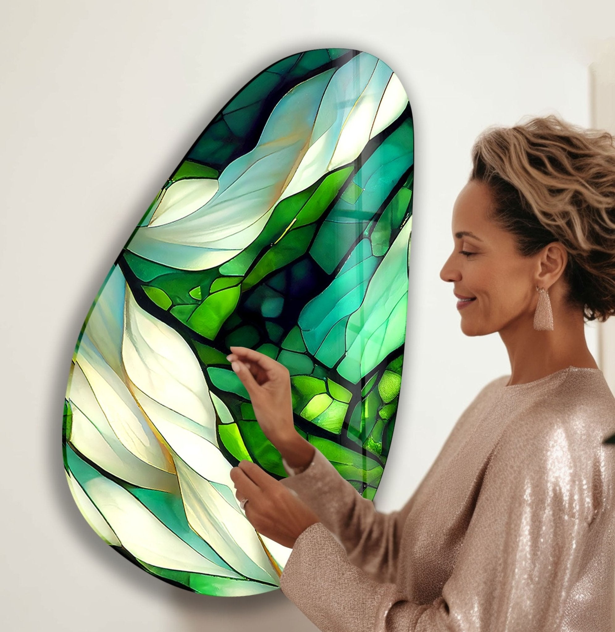 Handmade Asymmetrical Oval Green Fractal Glass Wall Art - Modern Abstract Home Decor for Living Room, Bedroom & Office