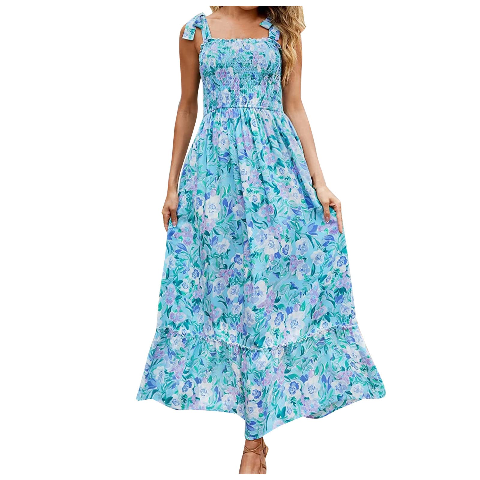 Boho Maxi Dress for Women - Floral Print Summer Dress with Tie Strap, Square Neck & Smocked Waist - Flowy Ruffle A-Line Dress for Beach, Vacation & Casual Wear